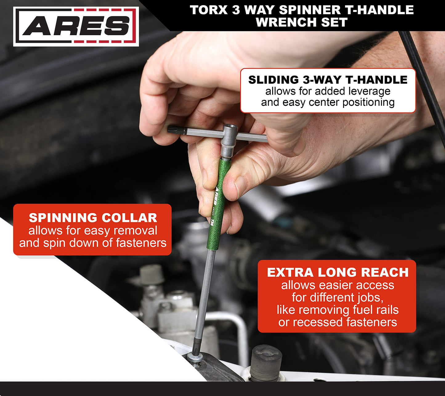 ARES 44003 – 9-Piece Torx 3-Way T-Handle Spinner Star Key Wrench Set – Sizes from T10 to T50 – Sliding Handle, Spinning Sleeve for Versatile Speed and Leverage Application – Friction Treated Tips