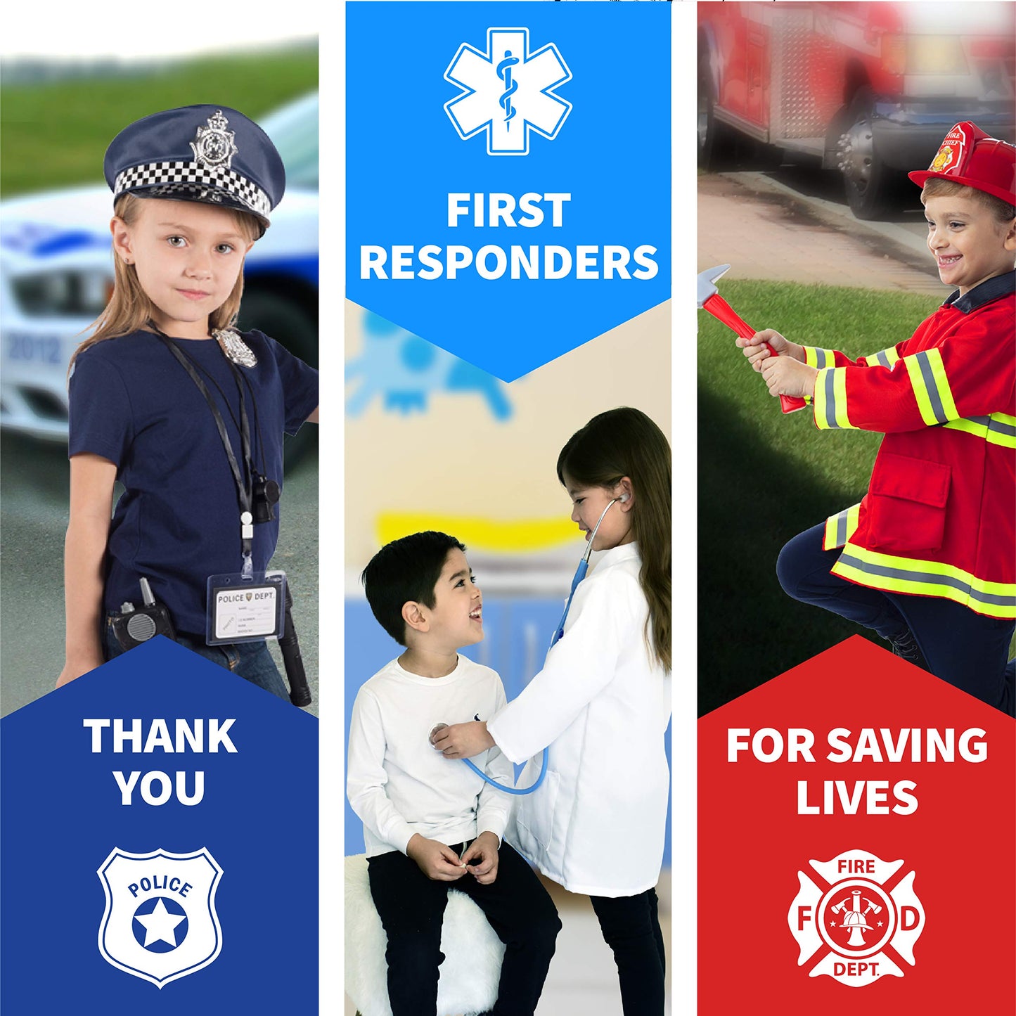 Born Toys Premium 16pcs Costume Dress up Set for Kids Ages 3-7 Fireman,Police Costume, and Doctor All Sets are Washable and Have Accessories