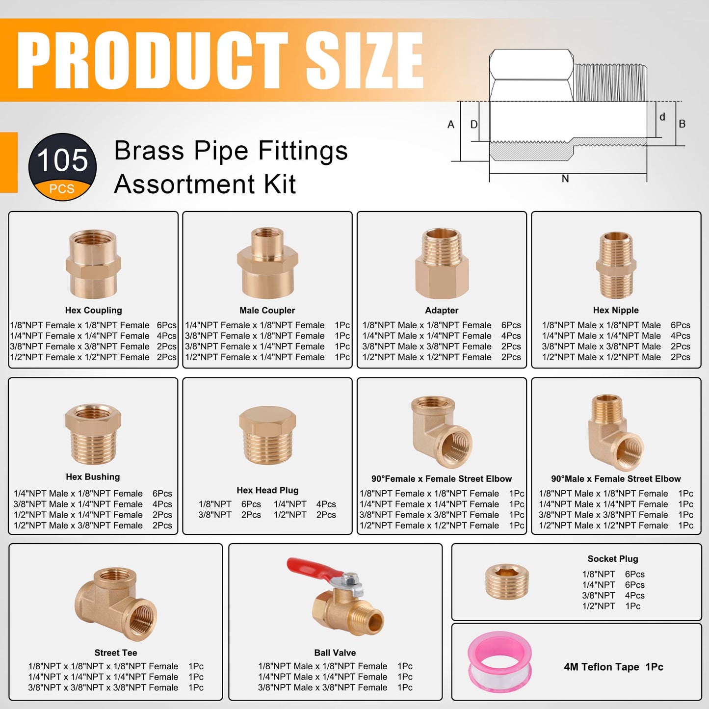 Ailbiuko 105PCS Brass Pipe Fittings Assortment Kit NPT Adapter,Reducer Bushing, Hex Nipple, Reducing Hex Coupling,90 Degree Street Elbow,Street Tee,Ball Valve,Hex Head Plugs,Socket Plug Fittings Kits