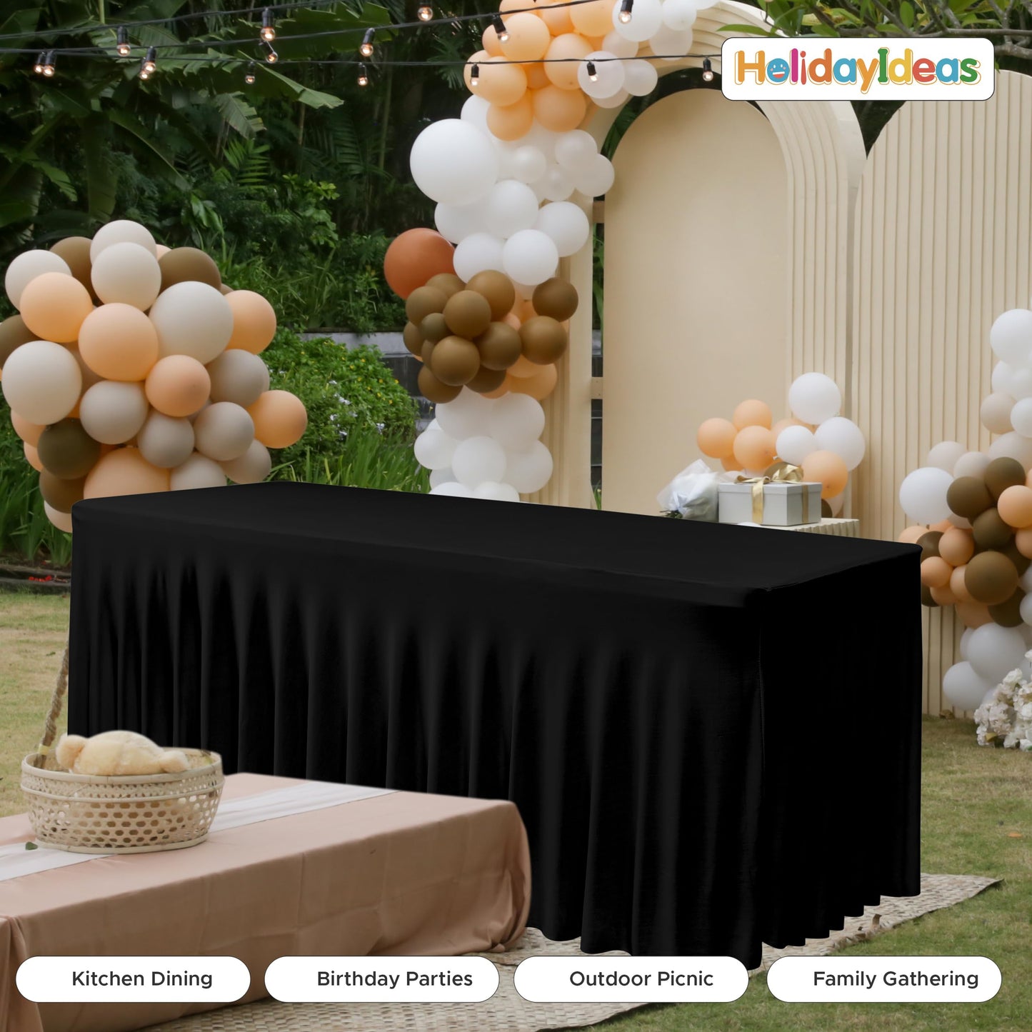 HolidayIdeas Black Spandex Table Skirts for Rectangle Tables 6ft, Fitted Stretch Table Cover 30x72 Inch, Wrinkle-Free Ruffle Design Tablecloths for Banquets,Trade Shows, Parties, Events, 4 Pack