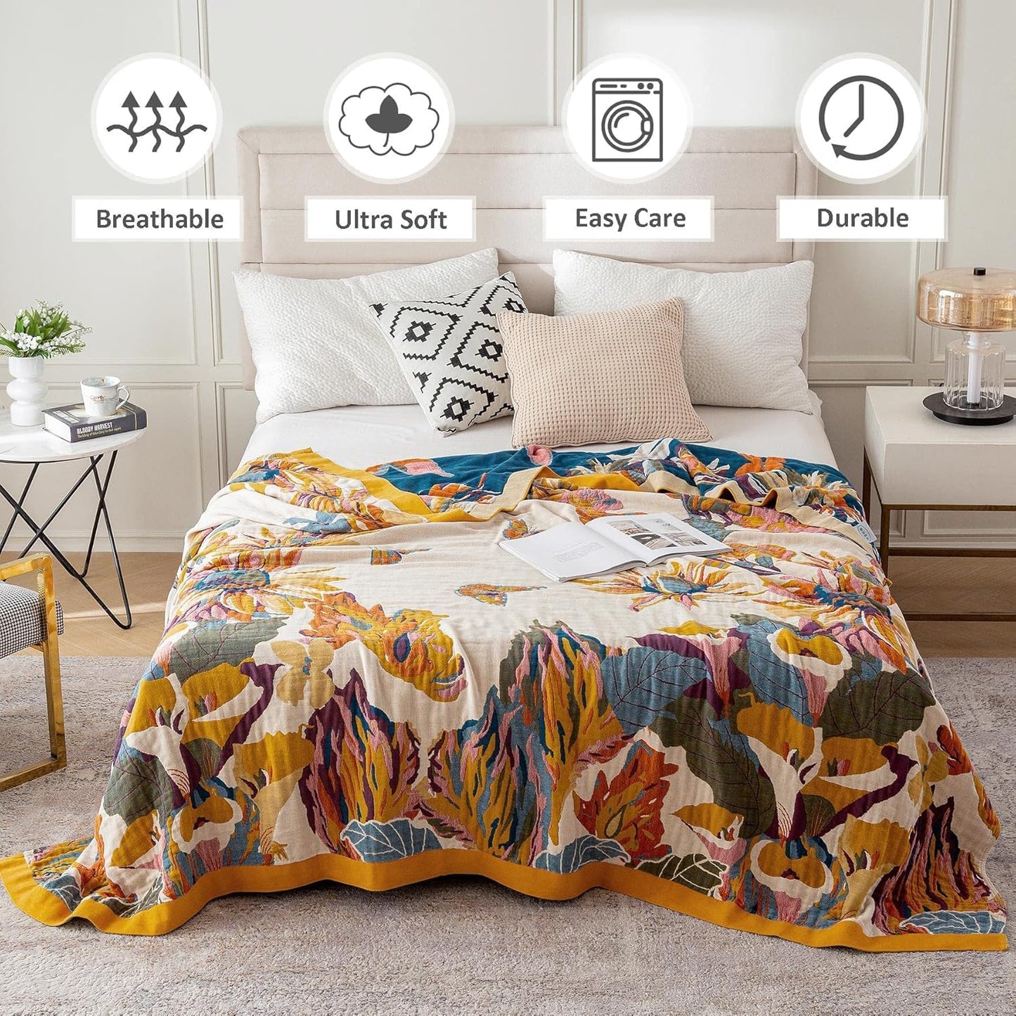King Throw Blanket for Bed 100% Cotton Boho Ultra Soft Rustic Quilt Butterfly and Floral Double Embroidery Fall King Bed Blanket,90"×108" All Season Blankets for Bedding Couch