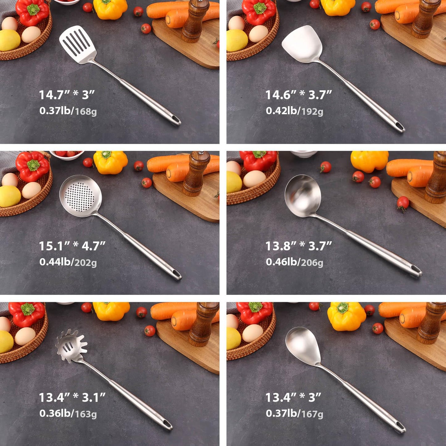 304 Stainless Steel Kitchen Utensils Set - 12 PCS Long All Metal Cooking Utensils & Large Serving Utensils - Potato Masher, Fork, Tongs, Tunner, Pasta, Serving Spoon, Skimmer, Ladle, Spatula Spoon Set