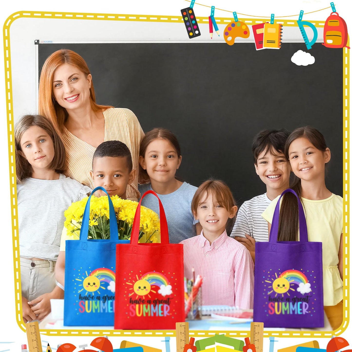 Dansydaisy 48 Pcs End of the Year Non Woven Gift Bags Rainbow Totes with Handles Treat Bag for Summer Party Birthday Supplies (Summer)