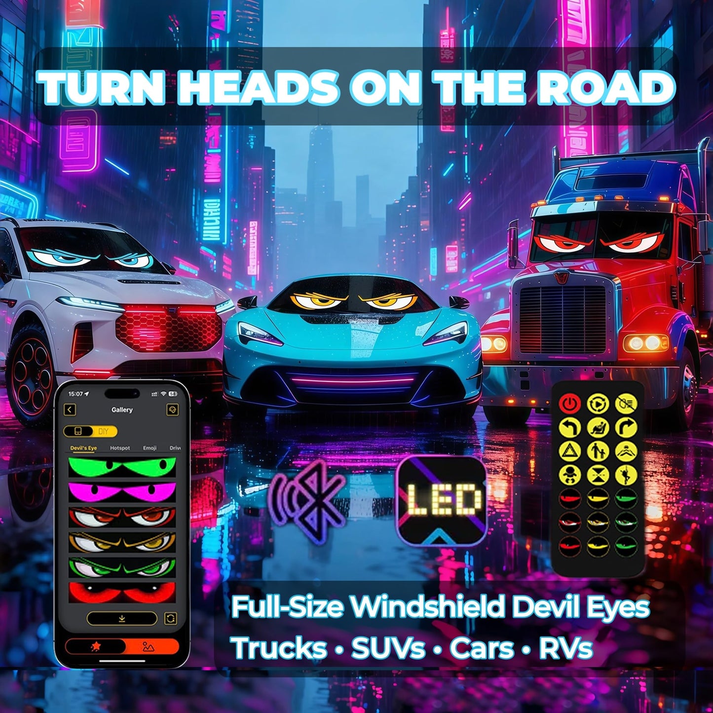 YOUBISON 2PCS 23"x5" Devil Eyes Light for Windshield – Dual Screen Sync, LED Eyes for Cars/Trucks/SUVs/RV, App Controlled Animated Windshield LED with Custom Text & Graphics