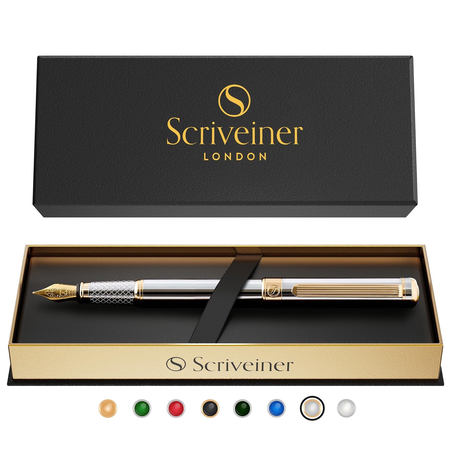 Scriveiner Silver Chrome Fountain Pen - Stunning Luxury Pen, Real Gold Finish Schmidt Gilded Nib (Medium), Best Pen Gift Set for Men & Women, Professional, Executive Office, Nice Pens