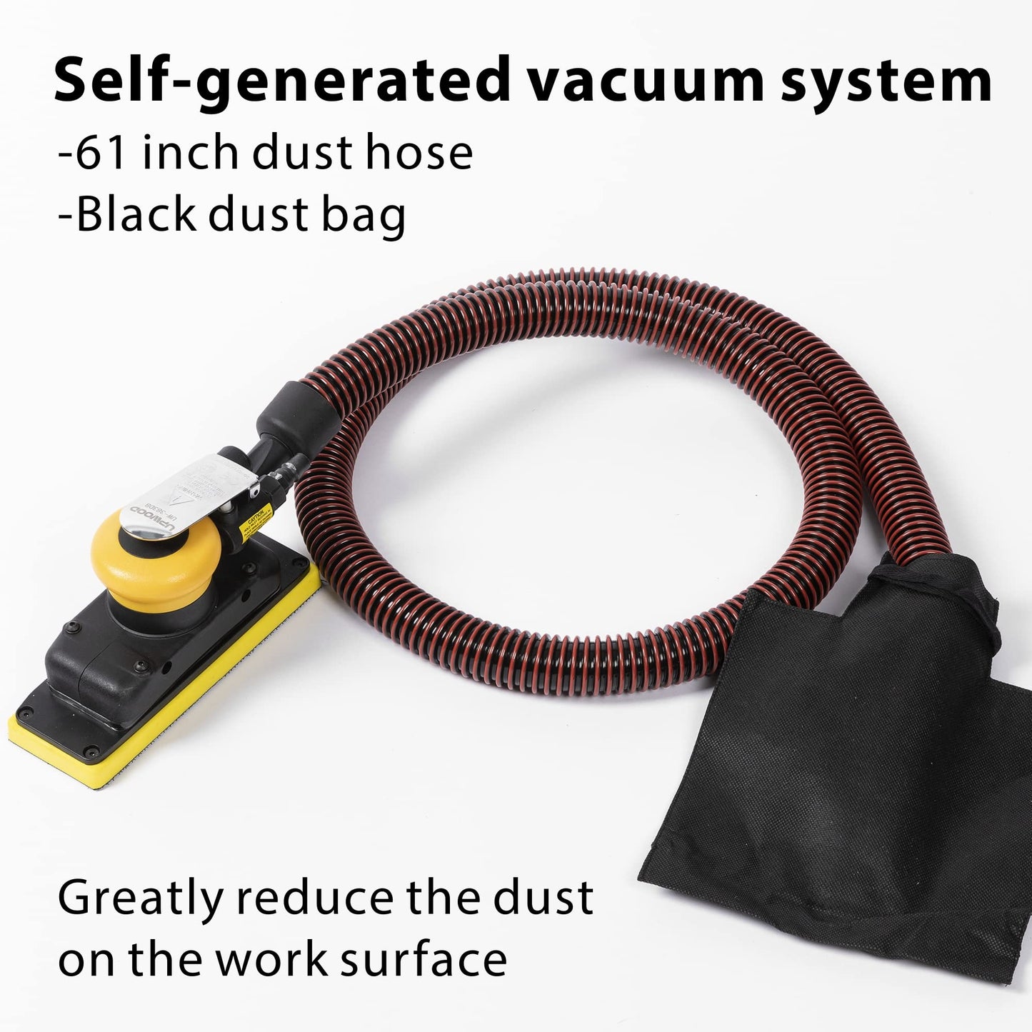 2-3/4" x 8" Dust-free Air Orbital Sander, 70 mm x 198 mm 1/8 in Orbit, 10,000 Max OPM Dust Bag Style with Extra Hook-Loop Pad and 15pcs (80/120/180/320/400) mesh sandpapers
