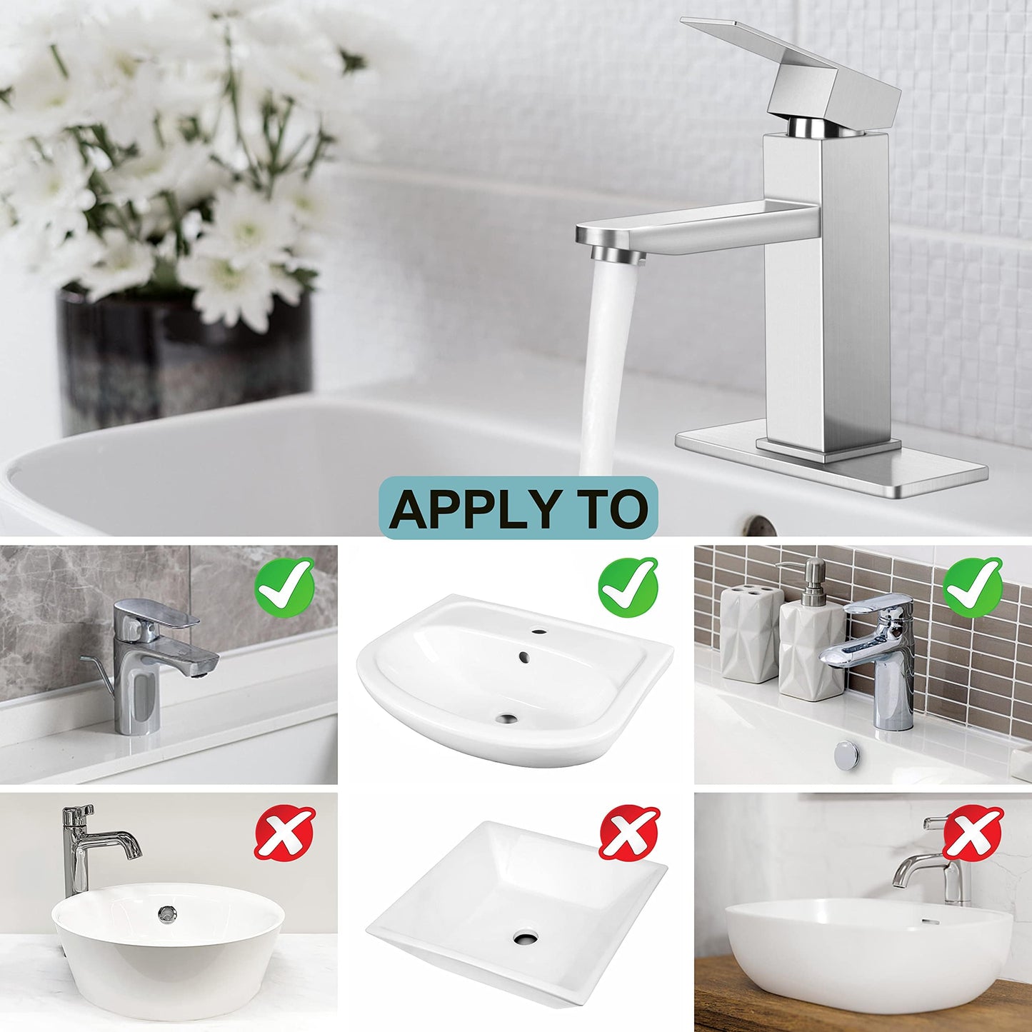 2 Pack Brushed Nickel Bathroom Faucet, Herogo Stainless Steel Bathroom Sink Faucets with Brass Pop-up Sink Drain Stopper & Deck Plate 1 or 3 Hole, Single Handle RV Lavatory Faucet with 2 Water Hoses
