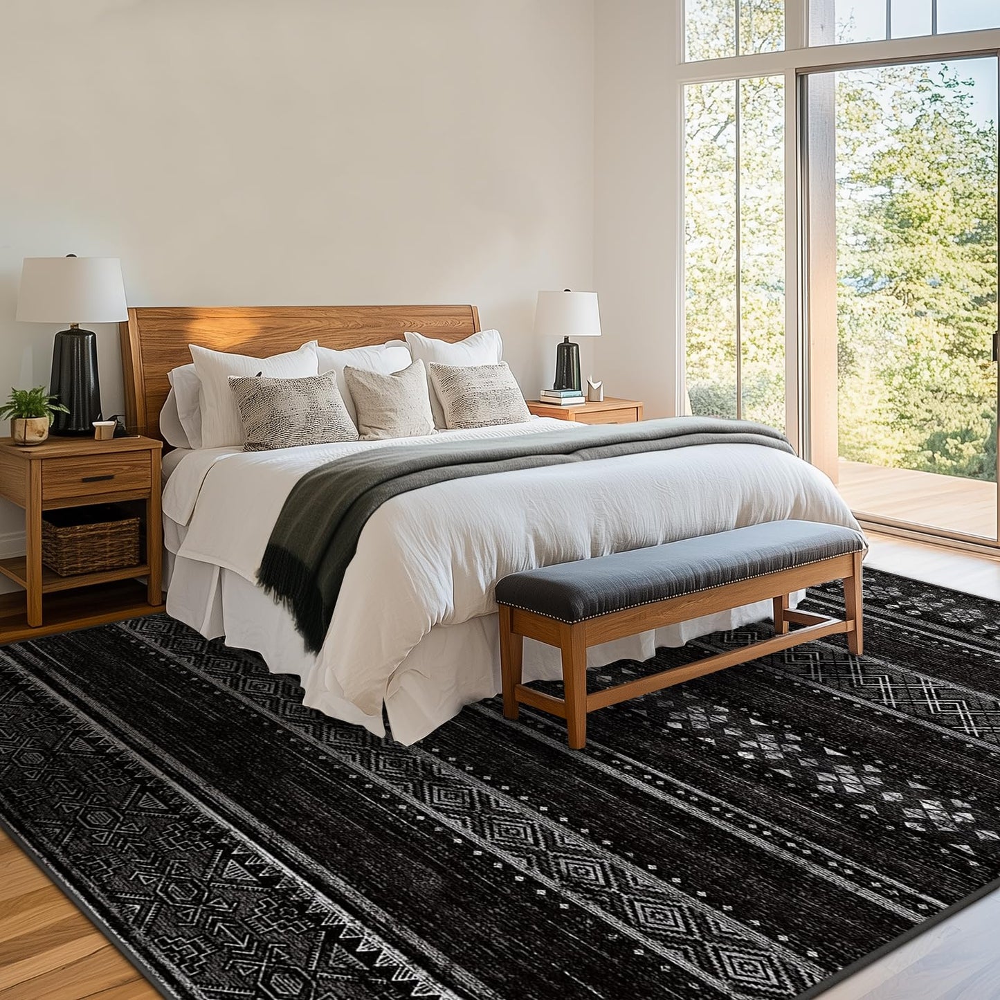 BESTSWEETIE 5x7 Area Rugs for Living Room Washable Moroccan Farmhouse Neutral Geometric Low Pile Non-Slip Soft Print Pattern Rug for Bedroom Kitchen Dining Room Entryway Black/White