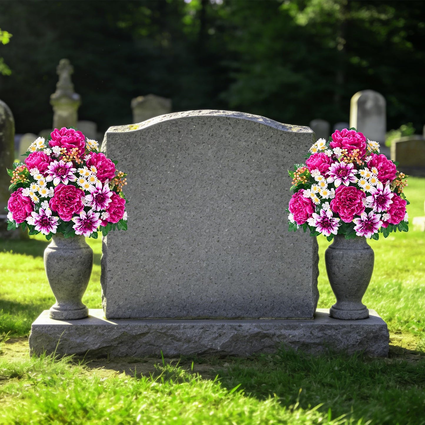 Dolicer Artificial Cemetery Flowers for Grave, Set of 2 Memorial Grave Flowers for Cemetery with Vase Realistic Silk Gravesites UV Resistant Peony Daisies Flowers Decorations (Red with White)