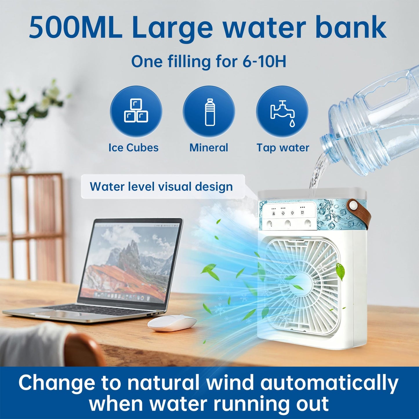 Portable Air Conditioners, 2000mAh Rechargeable Mini Air Cooler Fans, 500ML Personal Portable AC Unit with 3 Speed, 2 Spray, 7 Color, 3 Timer, Small Desktop Cooling Fan for Bedroom Office (White)