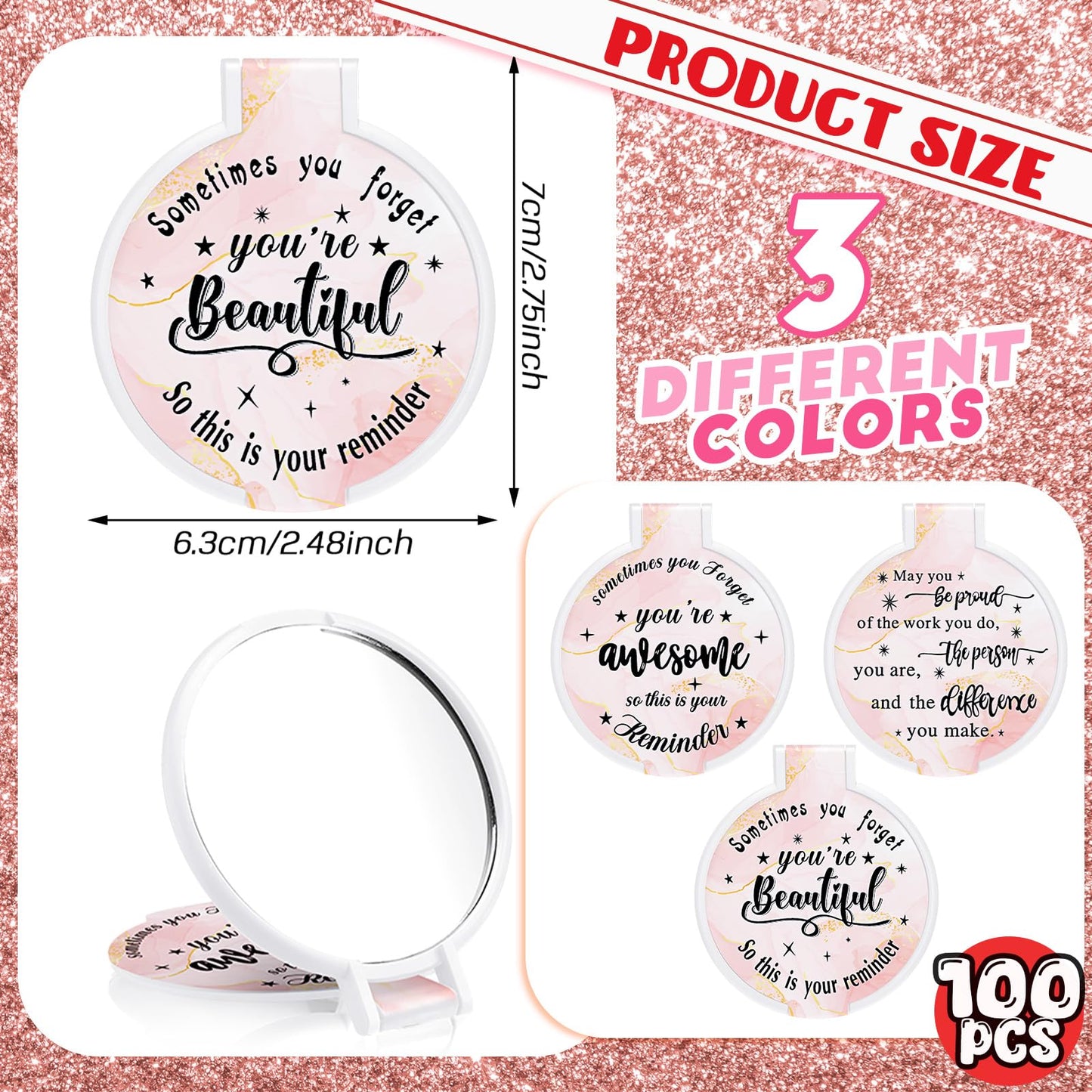Wenqik 100 Pcs Compact Mirror Bulk Pink Gifts for Women Valentine Small Inspirational Pocket Purse Handheld Mirror Portable Round Makeup Folding Appreciation Gift for Christmas Daily Travel Coworker