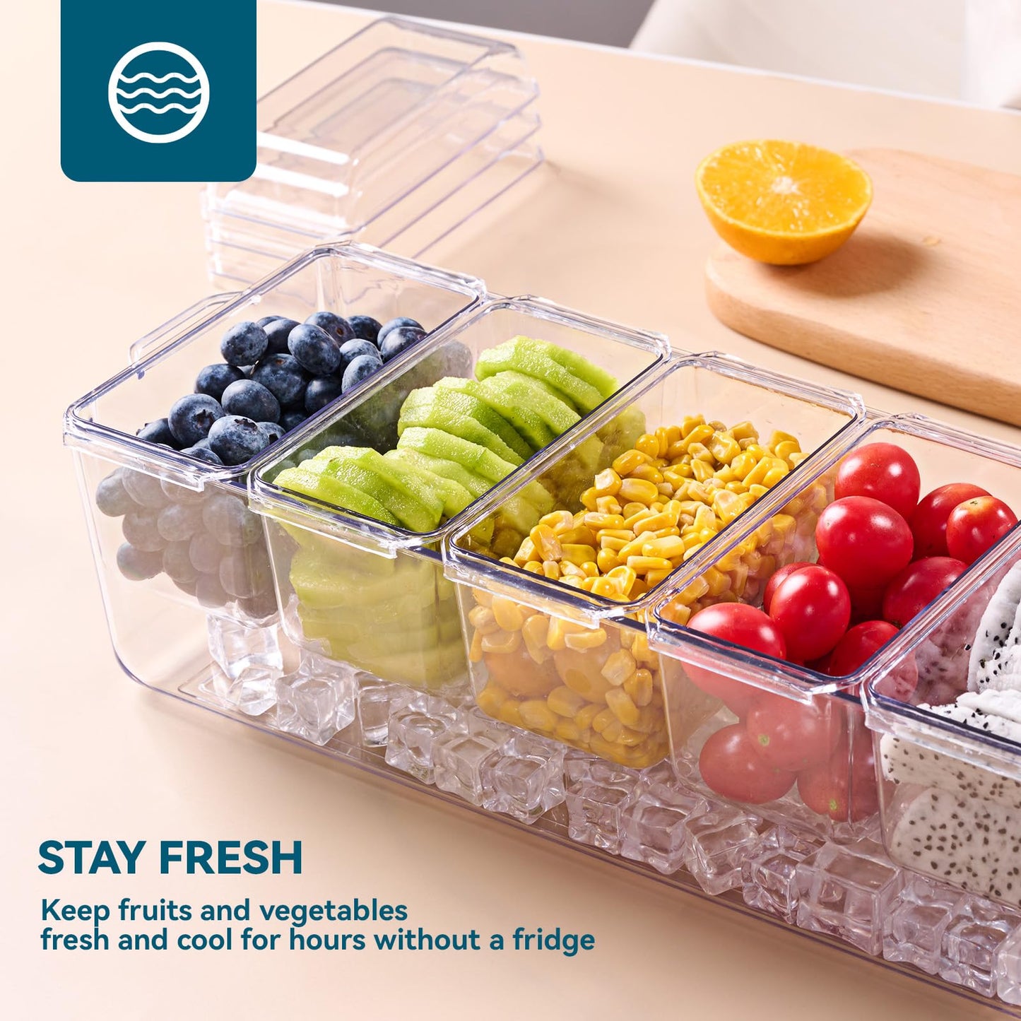 2 Pack Chilled Condiment Tray Server with 5 Containers and Removable Compartments, Large Ice Condiment Organizer, Clear Garnish Serving Platter for Kitchen, Fruit, Salad, Food, Bar Accessories