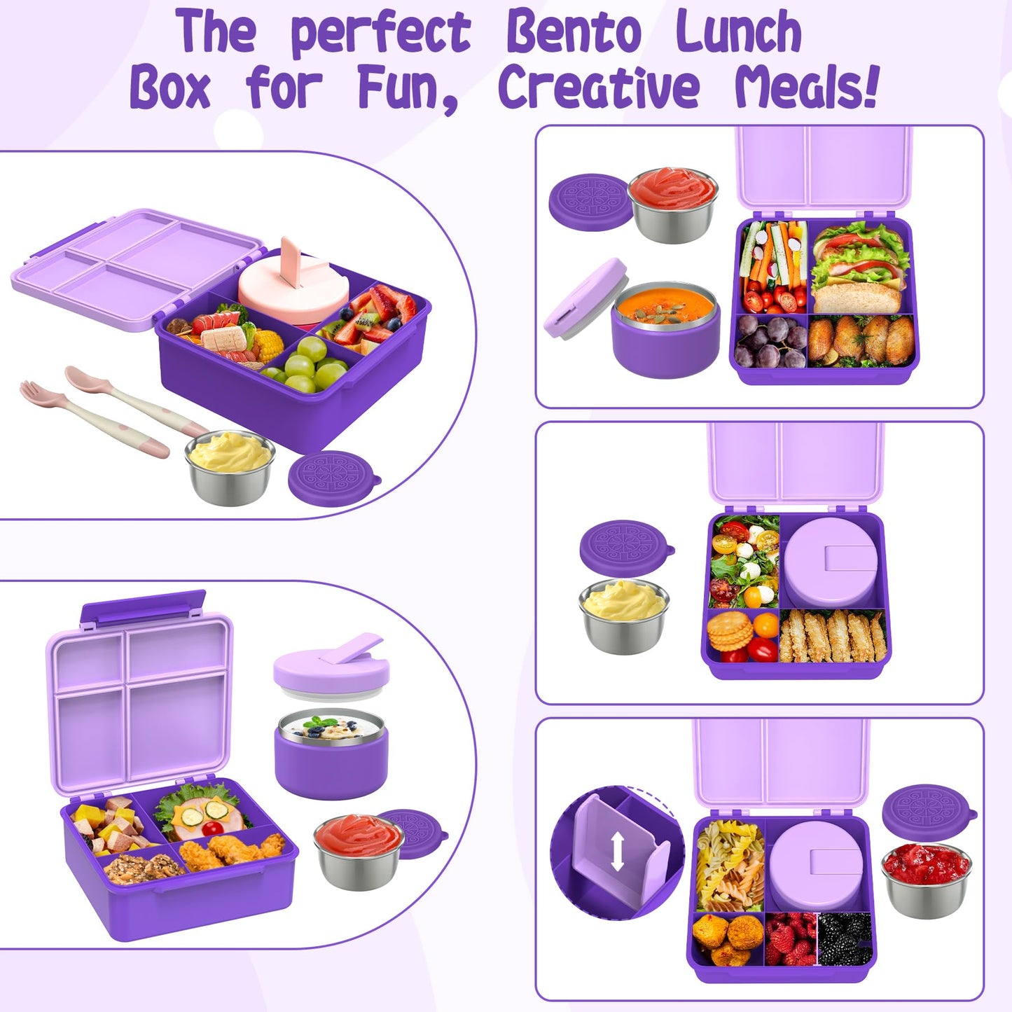 Aimsnk Kids Bento Lunch Box with 8oz Soup Thermo, Kids Leakproof Lunch Food Containers with 4 Compartment,Insulated Hot Food Jar with Lunch Bag for School, Travel (Purple)