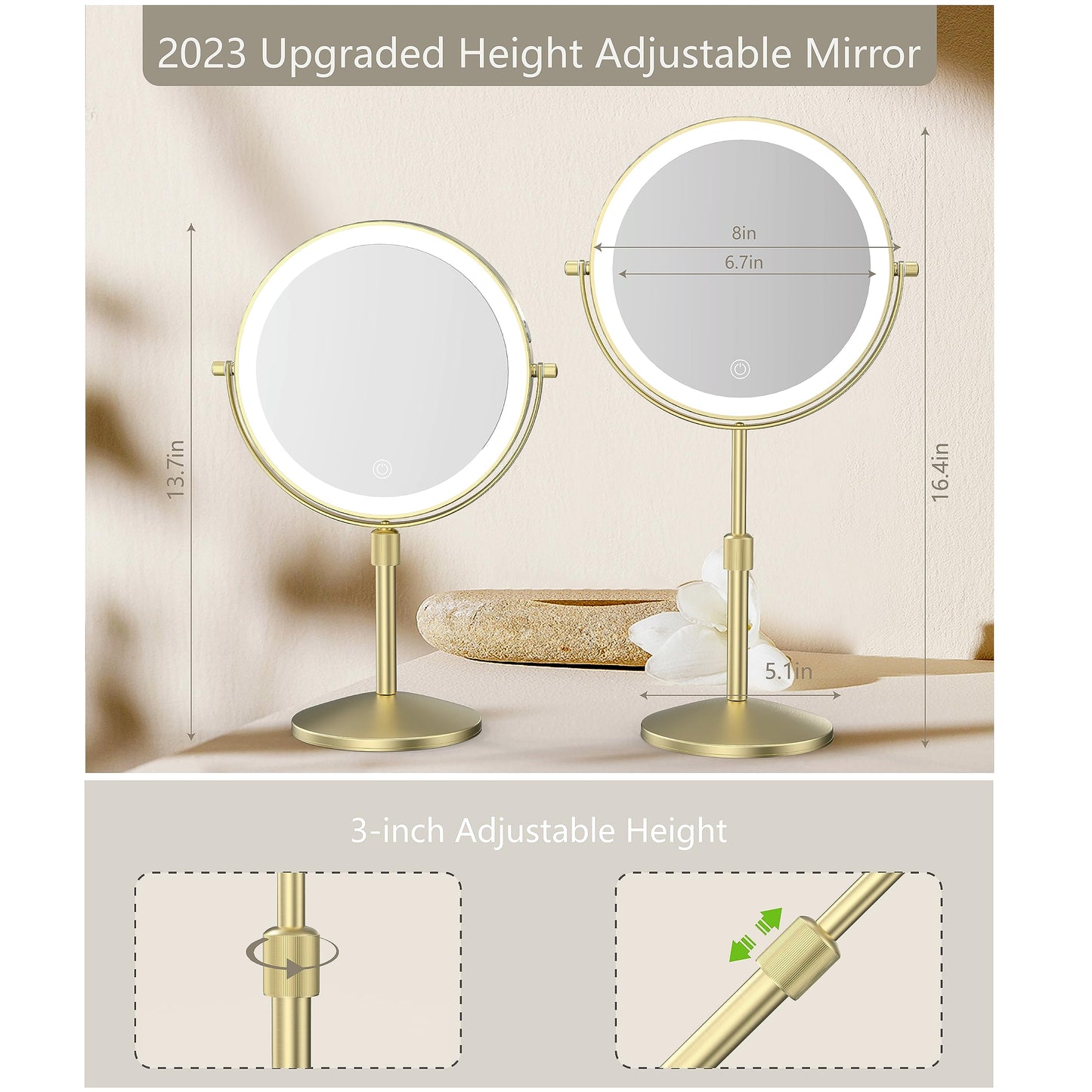 MIROAMZ 8" Lighted Makeup Mirror, 1X/10X Magnification Mirror with Lights, Double Sided Dimmable Mirror, Rechargeable & Brightness & Height Adjustable, Cordless Vanity Mirror(Gold)
