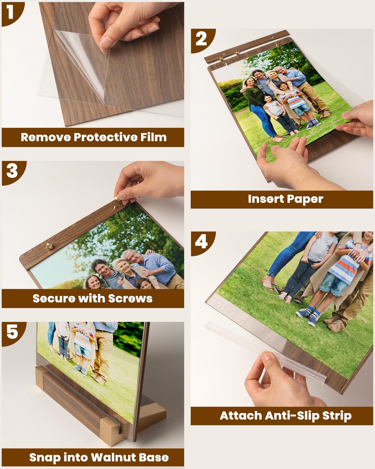 EliteSign Acrylic Sign Holder 8.5 x 11 with Walnut Wood Base, Clear Plastic Commercial Display Stand for Menu, Poster, Flyer, Table Paper Frame for Restaurant, Office, Store, Bar, Wedding (3pk)