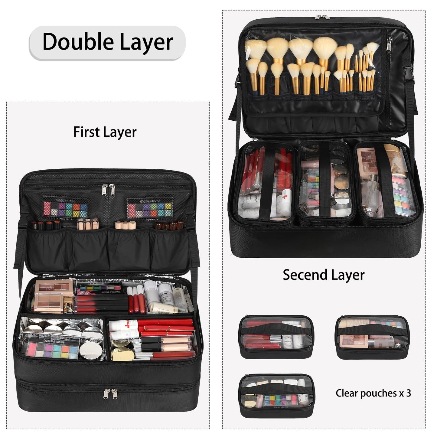 Extra Large Makeup Case, Professional Makeup Train Case for Makeup Artist Traveling Organizer, Double Layer XL Cosmetic Travel Case for Cosmetology with 3 Detachable compartments and 3 Makeup Bags