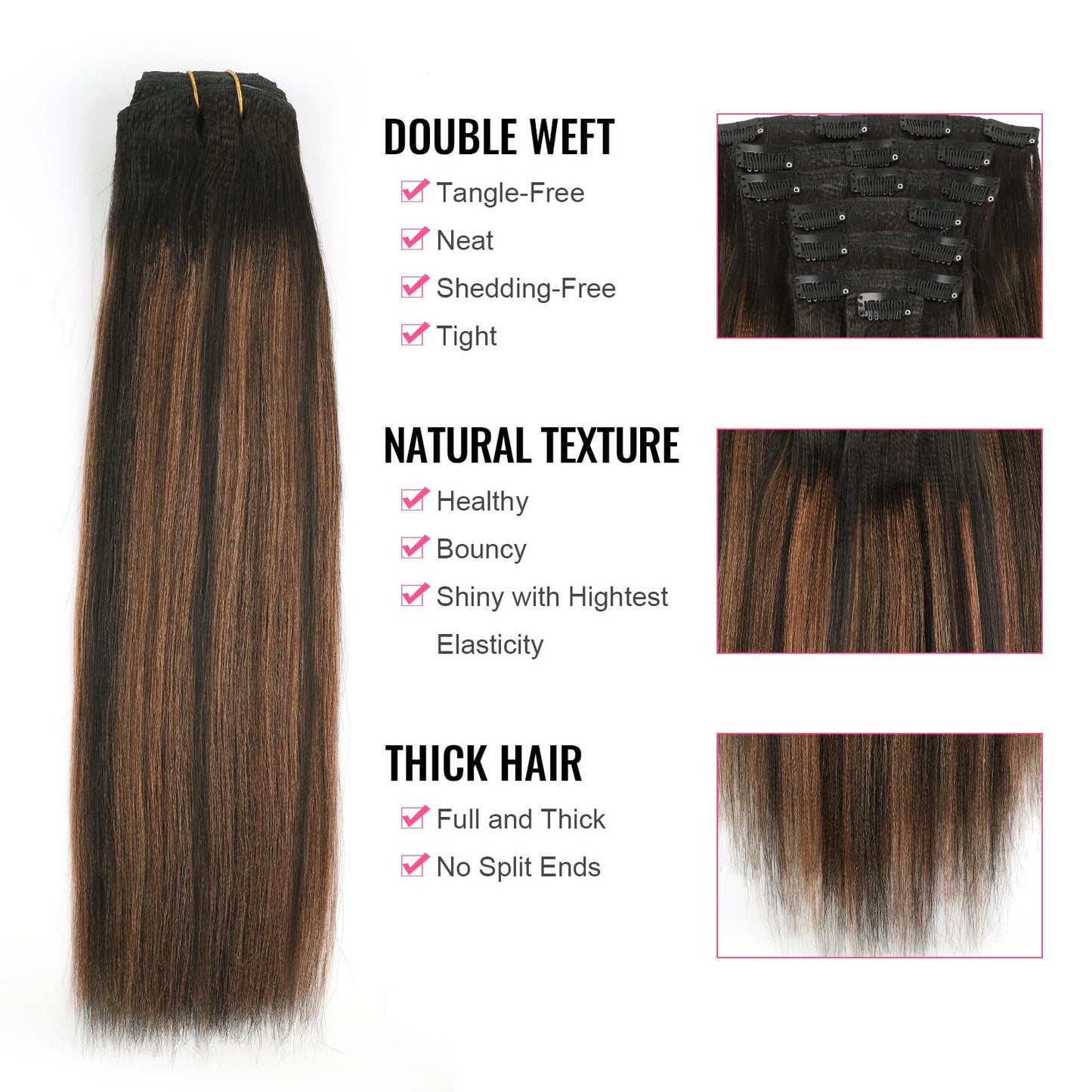 ABH AMAZINGBEAUTY HAIR Yaki Straight Human Hair Clip ins Rooted Black Piano Natural Black #1B Fading into Light Auburn #30 Two Tone Light Yaki Clip ins for Black Women Human Hair 12 Inch 120G 7Pcs
