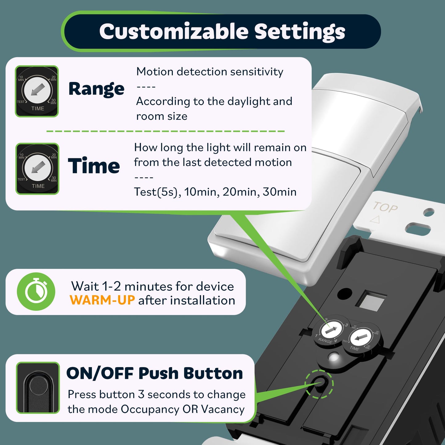 TOPGREENER PIR Motion Sensor Light Switch, Occupancy & Vacancy Motion Sensor Switch, Operable Without Ground Wire, No Neutral Wire, Single Pole, TDOS5-HL-W-6PCS, White