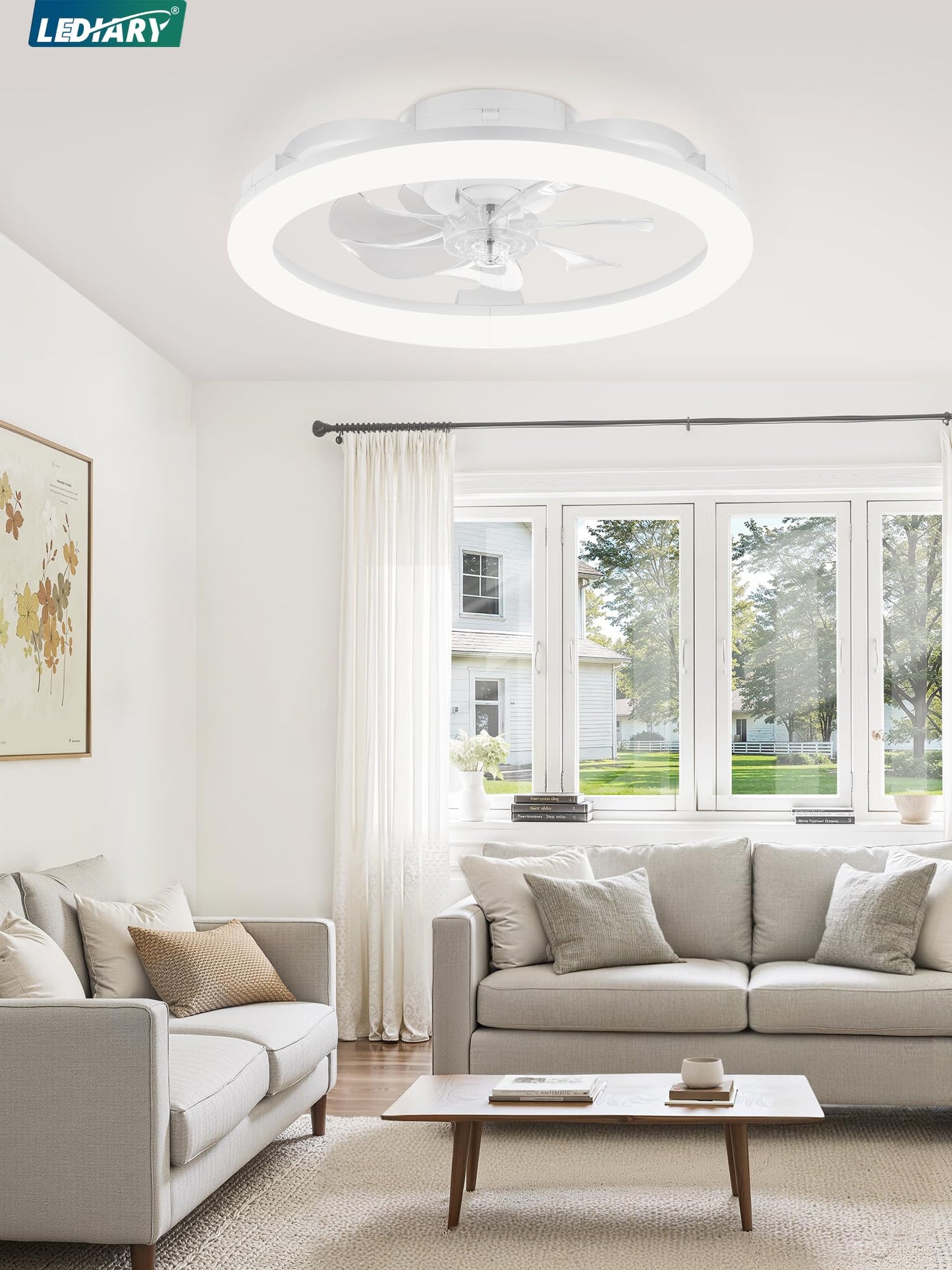 LEDIARY 20 Inch Low Profile Ceiling Fans with Lights and Remote, Dimmable Modern Fan Light(3000K-6000K), 6 Speed, Reversible, APP & Remote Control, Flush Mount Ceiling Fan for Bedroom, White