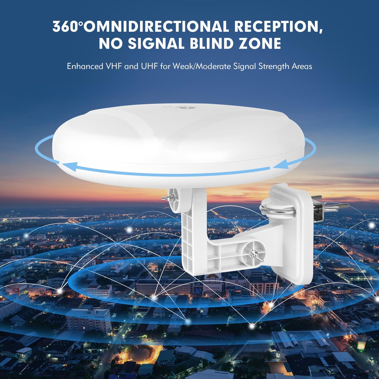 1byone Outdoor TV Antenna 360° Omni-Directional Extended Range Reception Enhance VHF&UHF 4K Ready HDTV Antenna with Added Stability for Outdoor/Attic/RV Use - 39ft RG6 Coax Cable