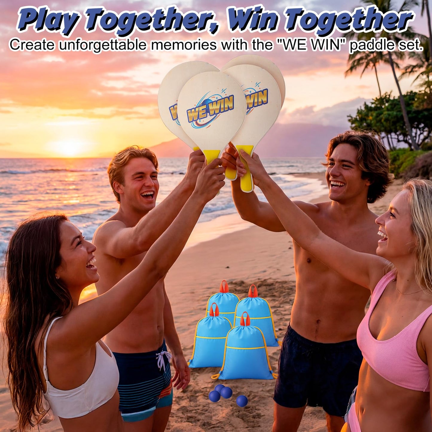 Junkin 4 Pairs Beach Paddle Ball Racket Set with 8 Rackets 4 Paddle Ball and 4 Drawstring Bag Paddleball Rackets for Indoor Outdoor Beach Game Yard Lawn Party Supplies