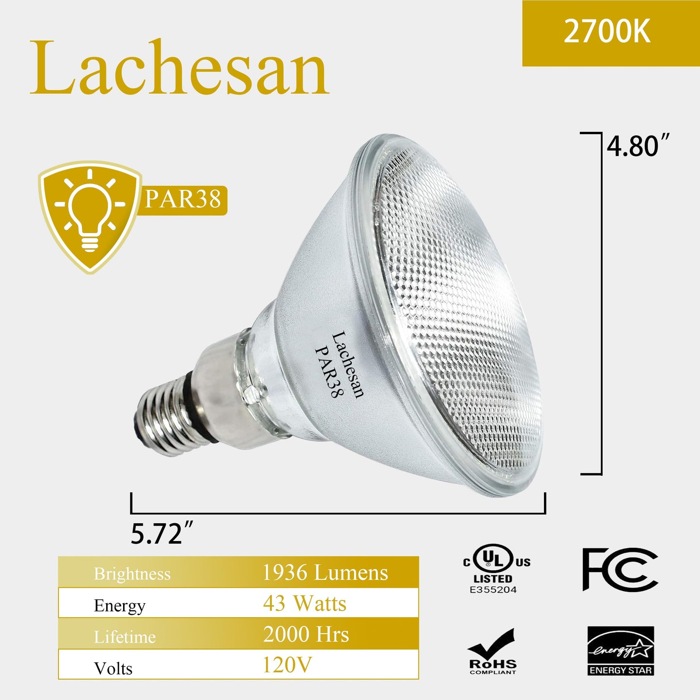 Lachesan PAR38 Halogen Flood Light Bulbs 4 Pcs, 90W Equivalent, 120V, E26 Base, 2700K Warm White Light for Indoor and Outdoor