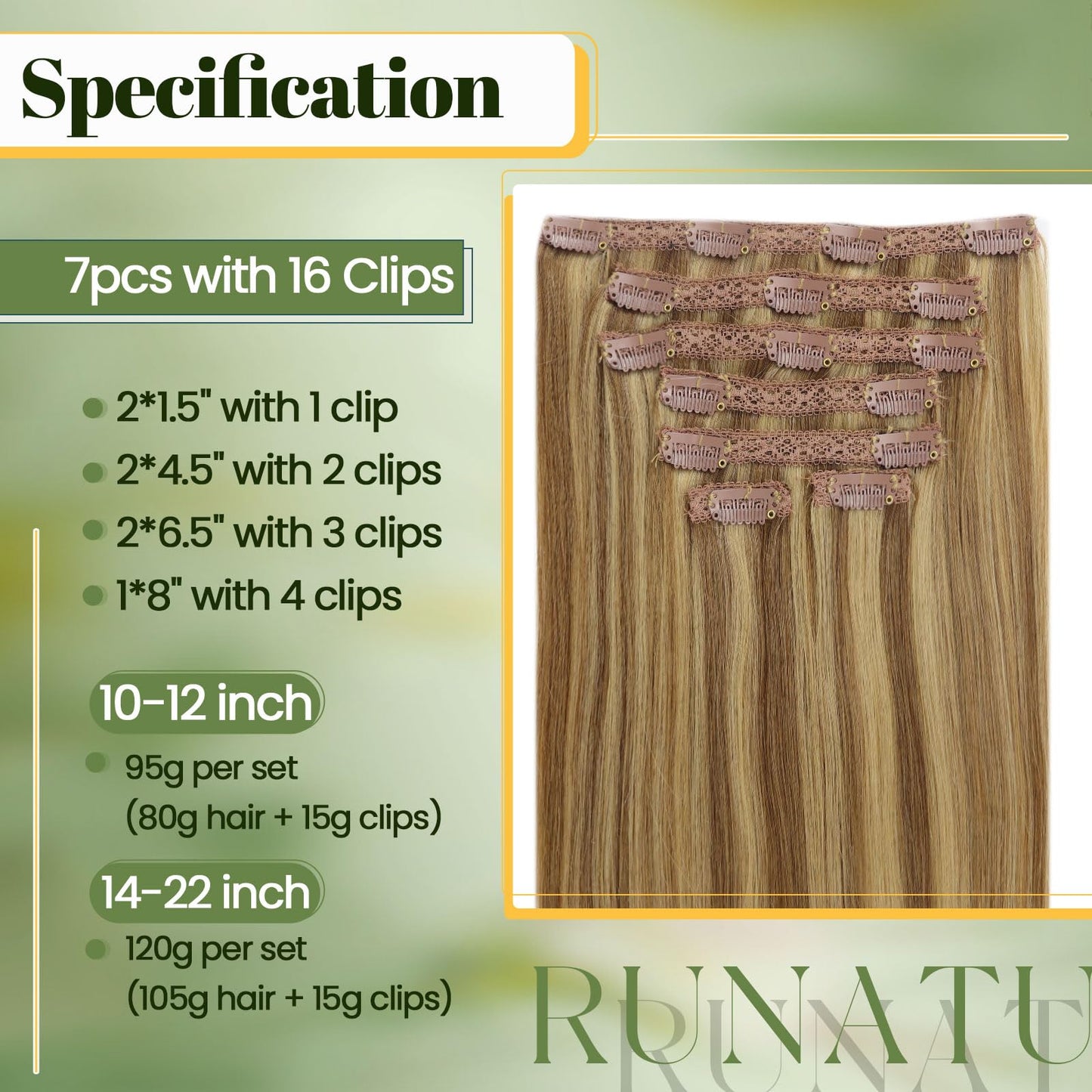 RUNATURE Clip in Hair Extensions Real Human Hair Dark Blonde Hair Extensions Clip ins Double Weft 18 Inch Remy Clip in Human Hair Extensions Full Head Thick Hair Extensions 120g 7Pcs