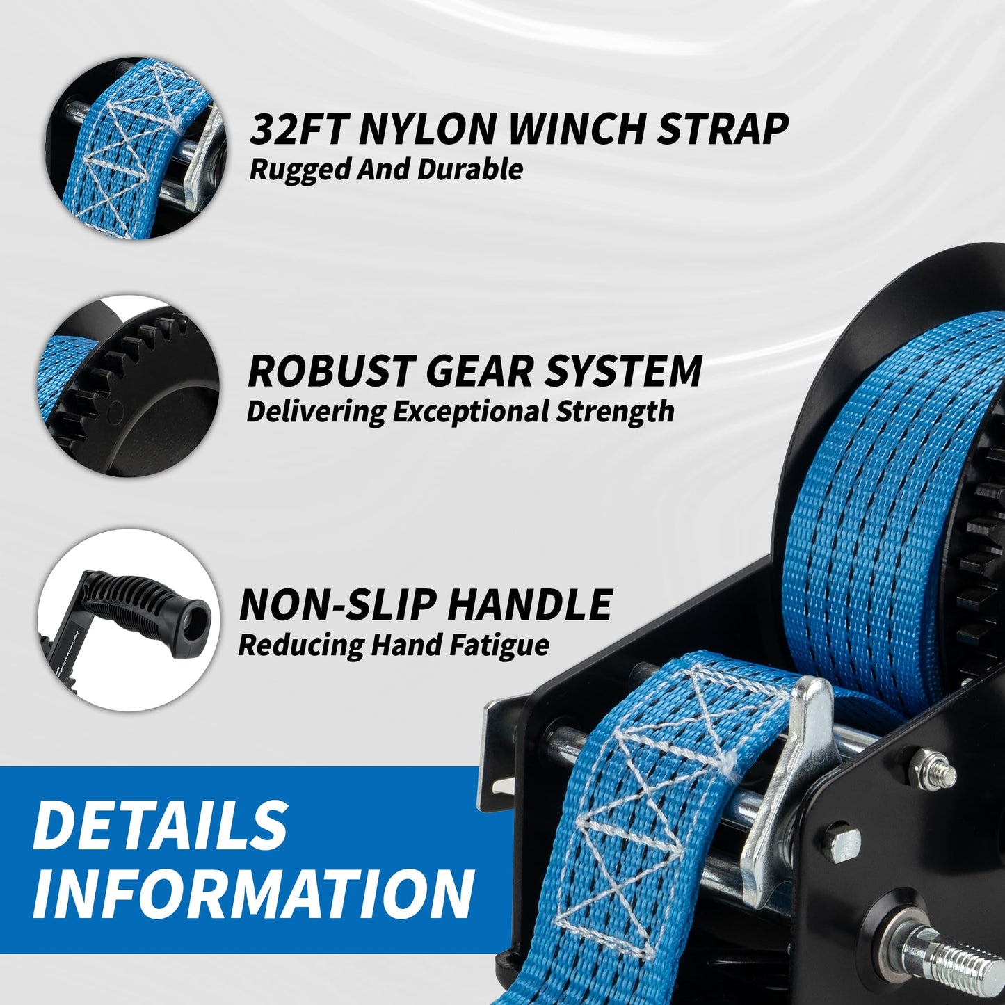 AC-DK 3500lbs Heavy Duty Boat Trailer Winch with 32FT Strap,2-Way Ratchet 4:1/8:1 Gear Trailer Winch,Portable Hand Crank Winch for Boat, Truck, Trailer, RV, ATV, Jet Ski