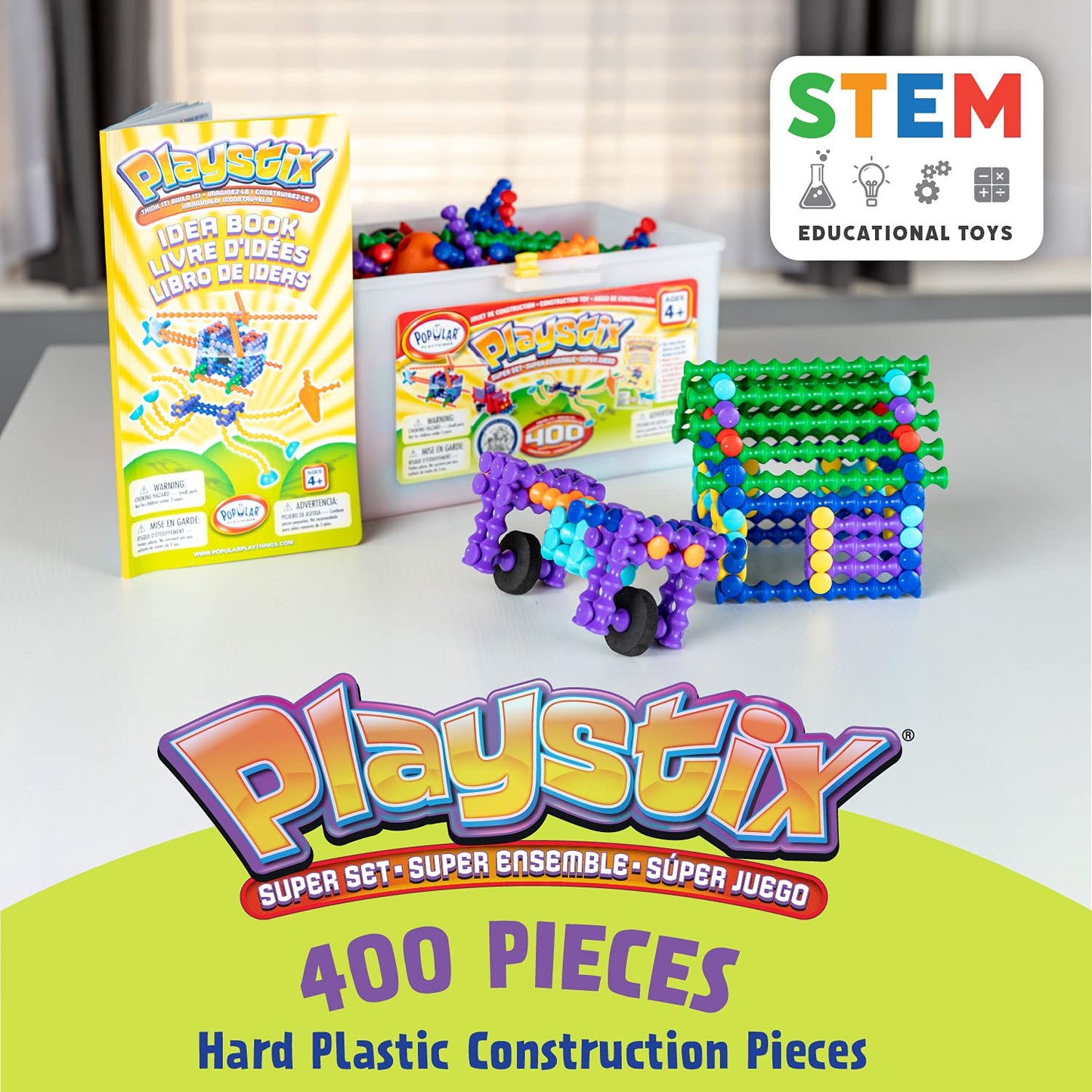 POPULAR PLAYTHINGS Playstix Super Set Construction Toy Building Blocks 400 Piece STEM Kit (90004)