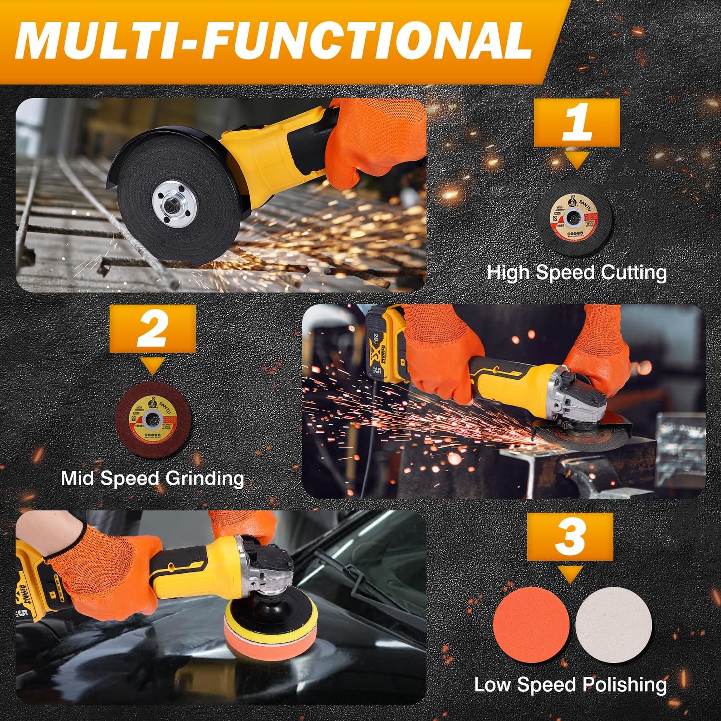 Angle Grinder Compatible with Dewalt 20V MAX Battery (Battery Not Included), Cordless Angle Grinder, 4-1/2" Blade, 4 Variable Speeds up to 7200 RPM, for Cutting, Grinding & Polishing
