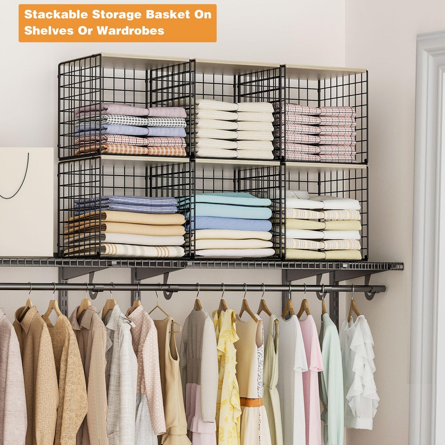 4-Tier Stackable Closet Organizers and Storage Basket, Shelves with Wood Top, Foldable Clothes Storage Bin/Cube Drawer Organizer for Wardrobe, Space-Saving, Closet Organization,Black(Patent Pending) ๏ปฟ