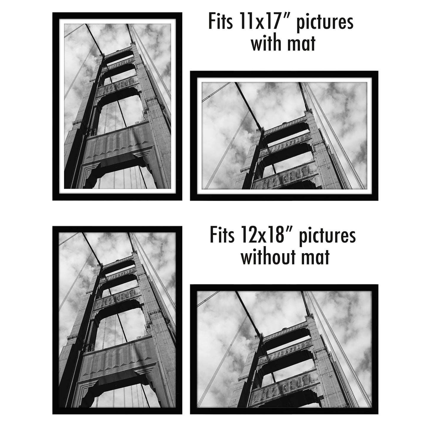 Americanflat 12x18 Poster Frame with Polished Plexiglass - Set of 5 - Use as 11x17 Frame with Mat - Galleria Collection - Picture Frames for Wall Display - Black