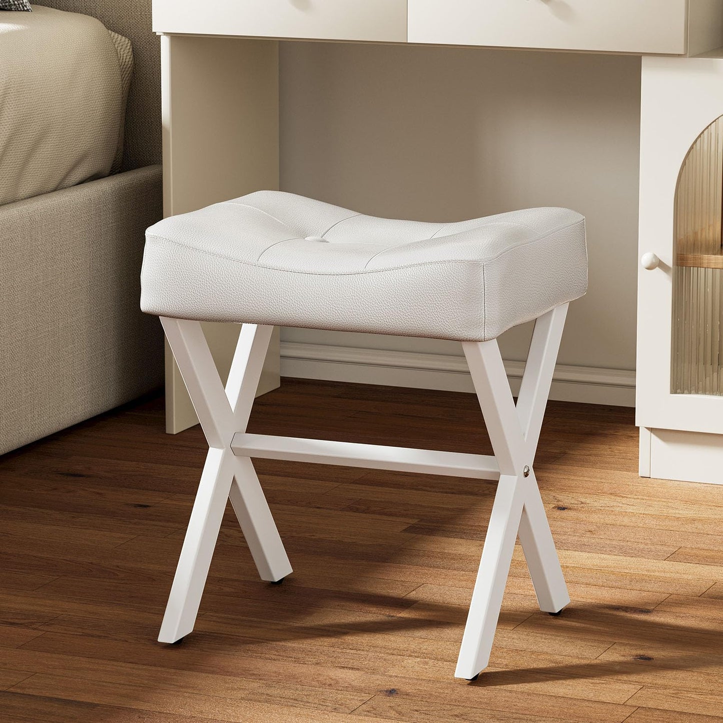 Memobarco 18-Inch Leather Vanity Stool Chair, Vanity Bench with Metal X-Leg, Ottoman Accent Stool with Thick Padded Saddle Seat, White