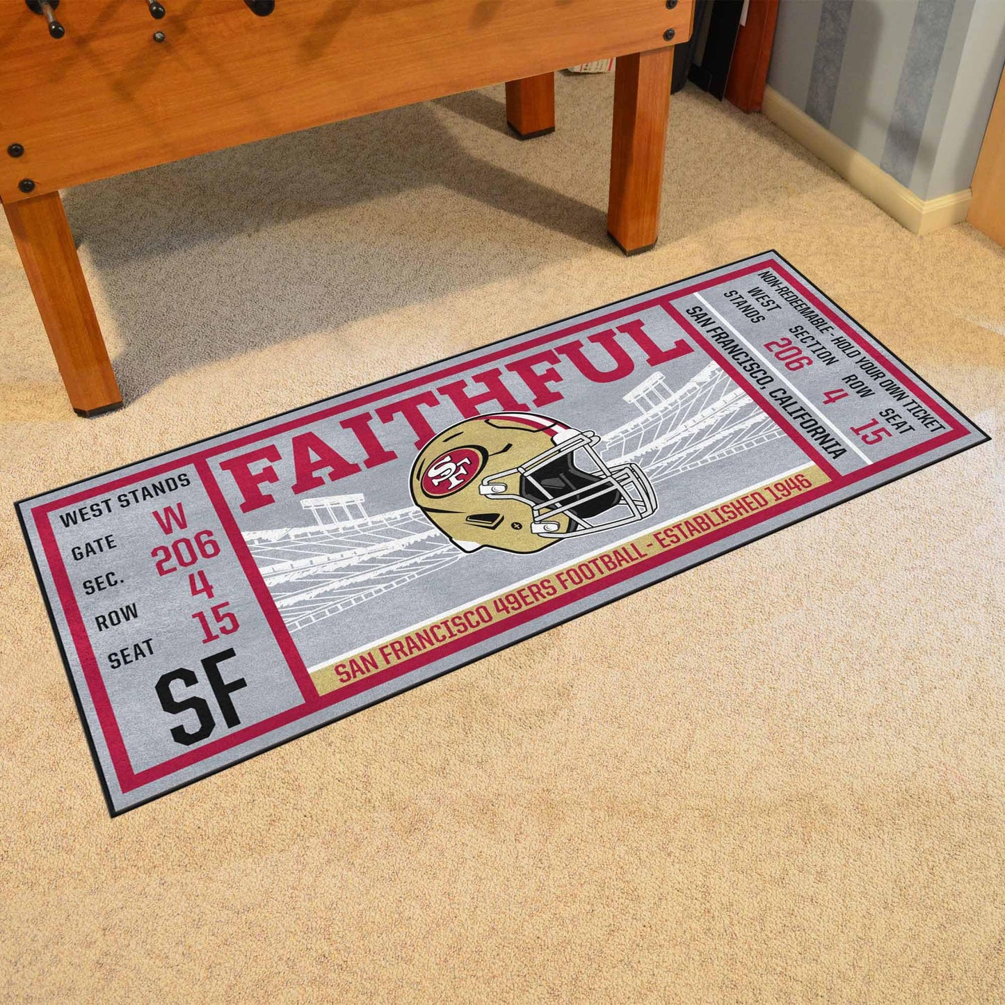 FANMATS 23136 NFL San Francisco 49ers Ticket Design Runner Rug - 30in. x 72in. | Sports Fan Area Rug, Home Decor Rug and Tailgating Mat