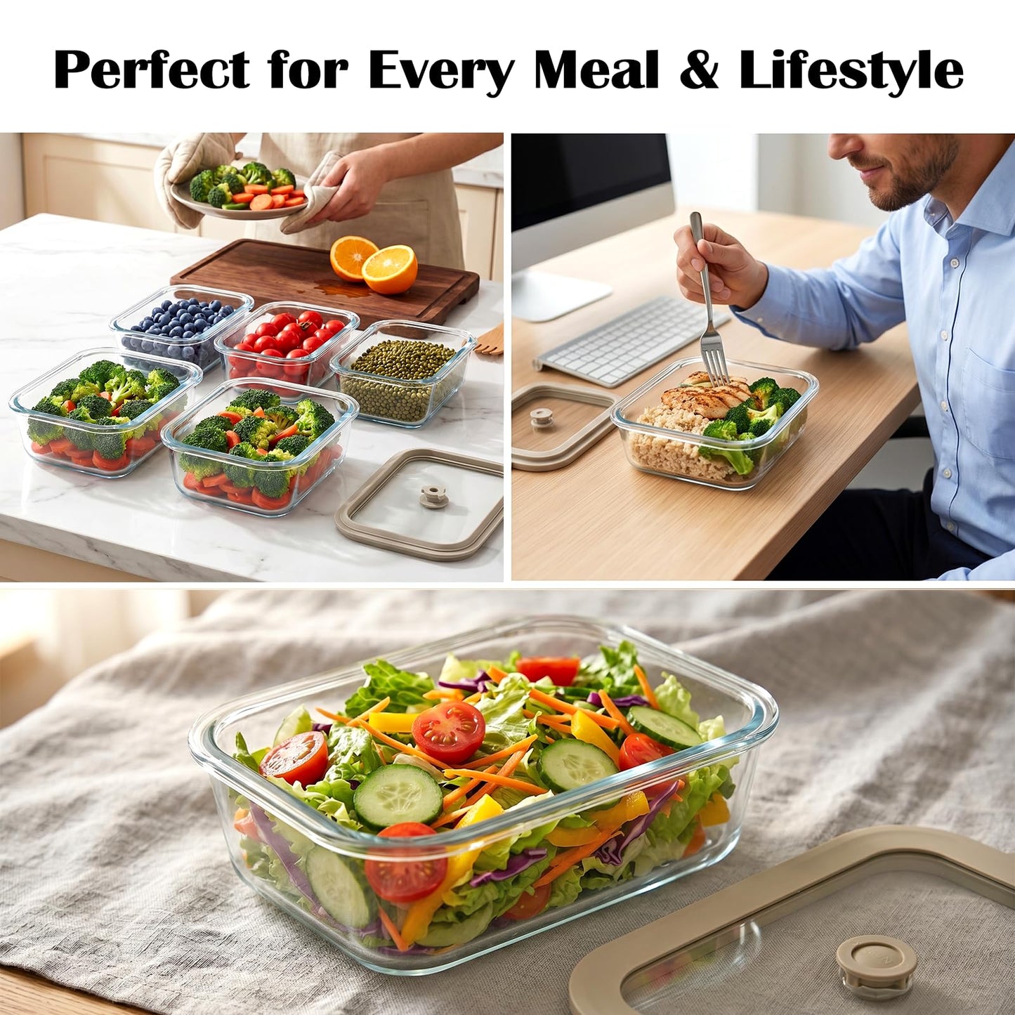 Encheng 5 Pack 35 oz Glass Meal Prep Containers, Plastic-Free Glass Food Storage Containers with Lids, 4.4 Cups Airtight Glass Lunch Containers for Leftovers, Microwave, Oven, Freezer and Dishwasher