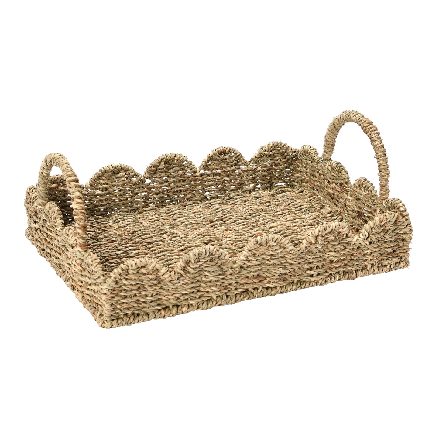 Household Essentials Seagrass Decorative Tray with Scalloped Edge, Handwoven Natural Wicker Organizer Basket with Handles & Iron Frame for Coffee Tables, Bathrooms & Countertops
