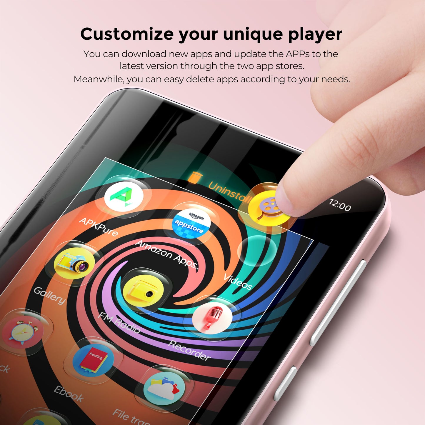 160GB MP3 Player with Bluetooth and WiFi, innioasis Music Player with Spotify,Pandora,Amazon Music,4" Touch Screen Android MP4 MP3 Player for Kids with Libby,Audible,Spotify Kids (White+Pink)