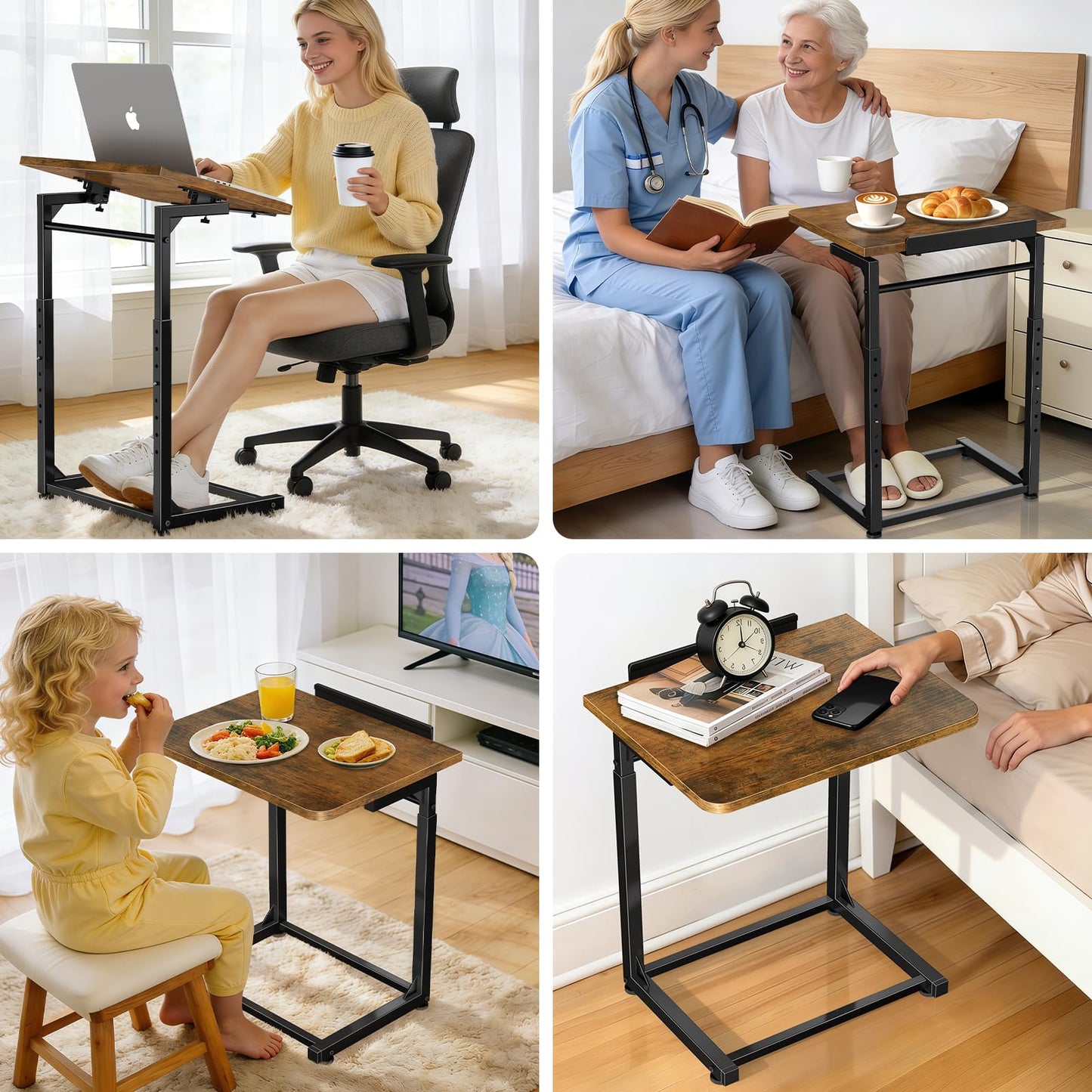 Tv Tray Table, Adjustable Height Couch Narrow Side Table,90° Tilt Angle foldable End Table, Laptop Table with Phone & Tablet Slot Dinner Tray Desk for Recliner/Sofa/Bed/small Living Room (Brown)