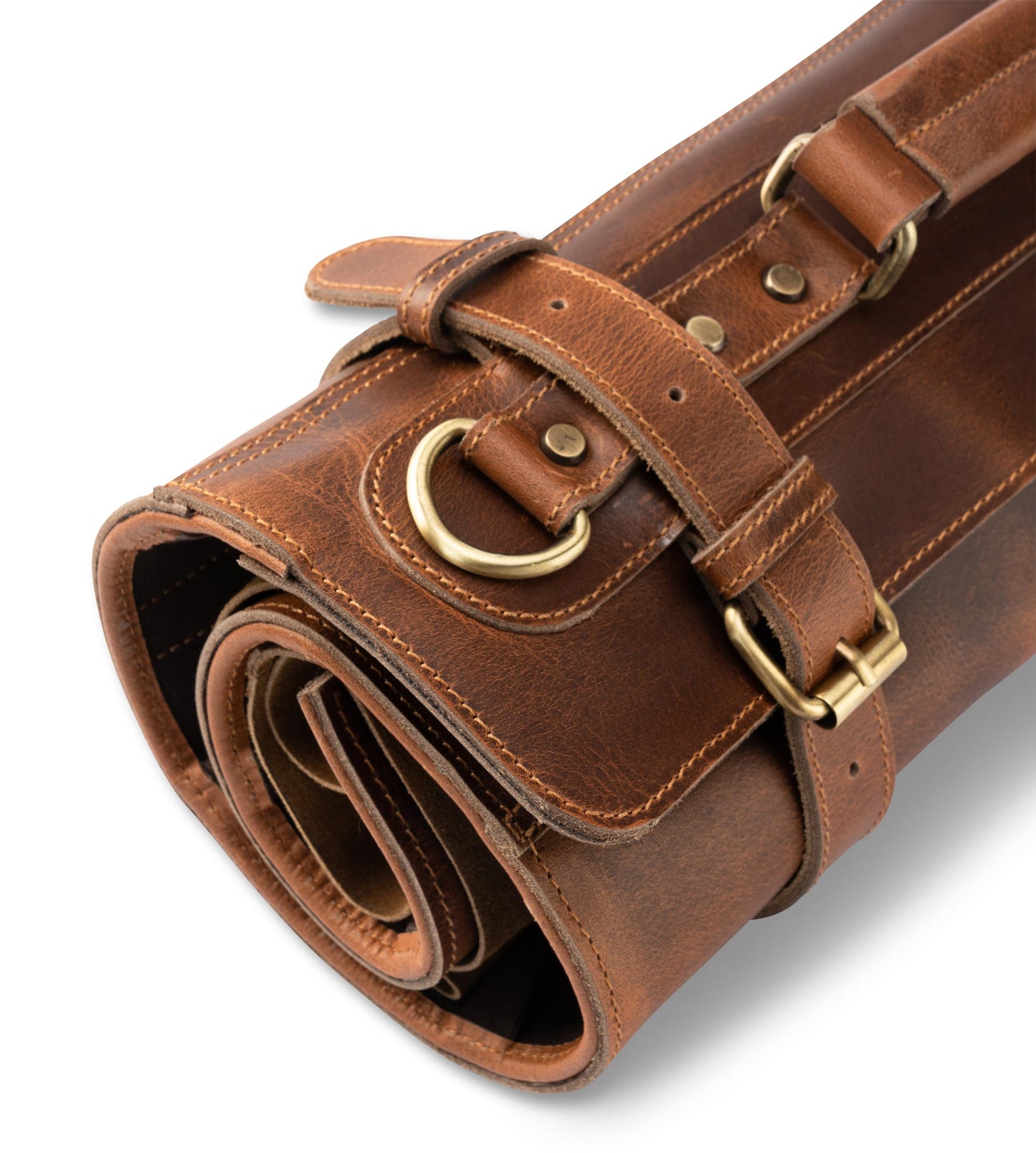 Angus Stoke premium leather knife roll storage bag XXL - 14 pockets, buffalo leather with shoulder strap, chef's knife bag case Rene (Walnut-Brown)