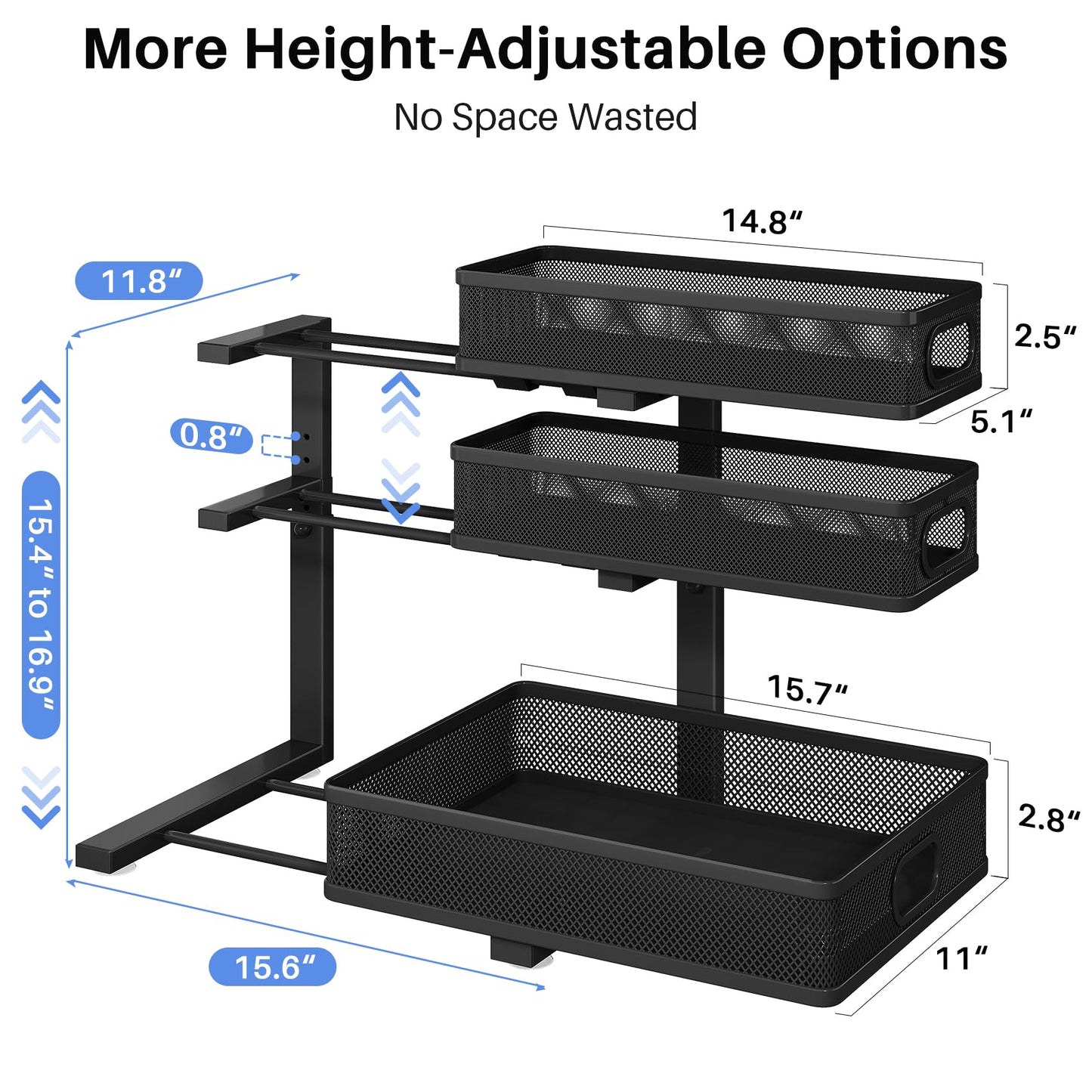 Under Sink Organizer, 2-Pack 3-Tier Thickened Metal Pull out Cabinet Organizer Shelf, Height Adjustable Slide out Storage Drawer Rack for Kitchen Bathroom Pantry Laundry Home Office Organization