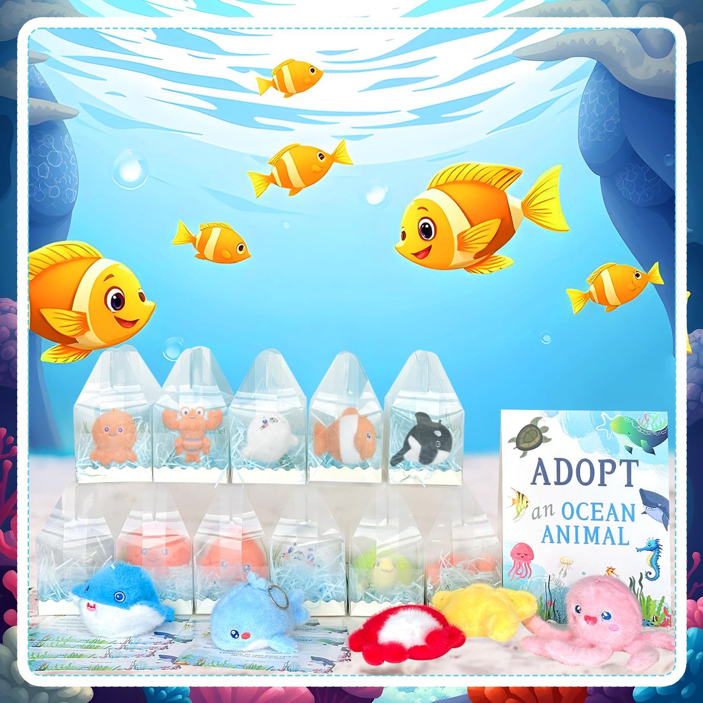 38 Pcs Adopt-A-Sea Animal Party Favors Include 12 Mini Plush Marine Animals Keychains 12 Sea Animals Party Boxes 12 Adoption Cards 1 Adopt Signboard for Animal Theme Party Birthday Party School Prizes