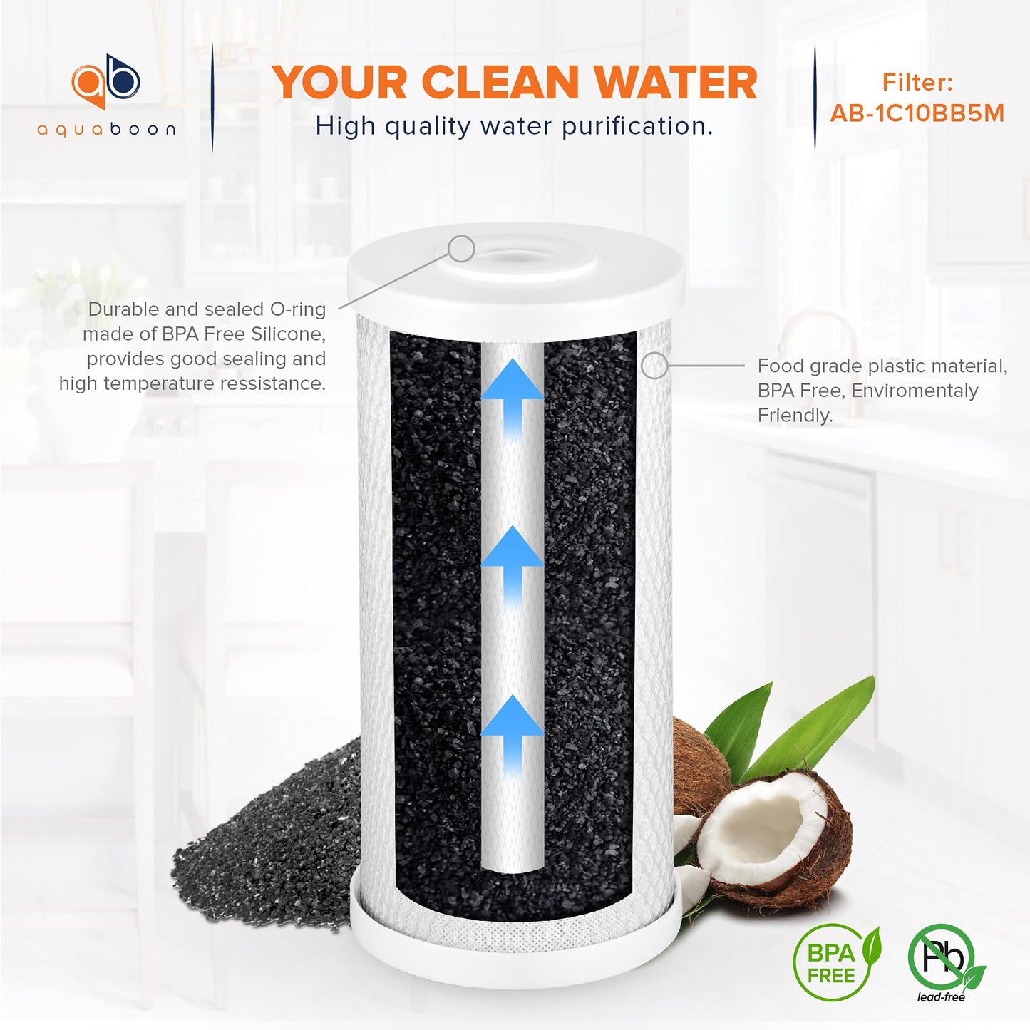 Aquaboon 5 Micron 10x4.5 Carbon Block Water Filters Whole House CTO Water Filter Replacement Cartridge Compatible with FXHTC, CB-BB-10, EP-BB, 2-Pack