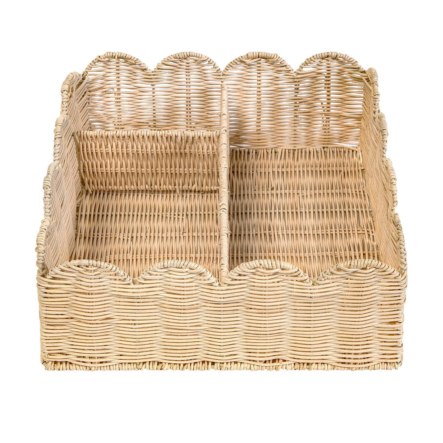 Quincry Rattan Divided Scalloped Basket,Wicker Diaper Caddy Scalloped Baske,Woven Natural Basket with 4 Dividers,Suitable for Baby Rooms, Bathrooms, Bedrooms (Rattan)