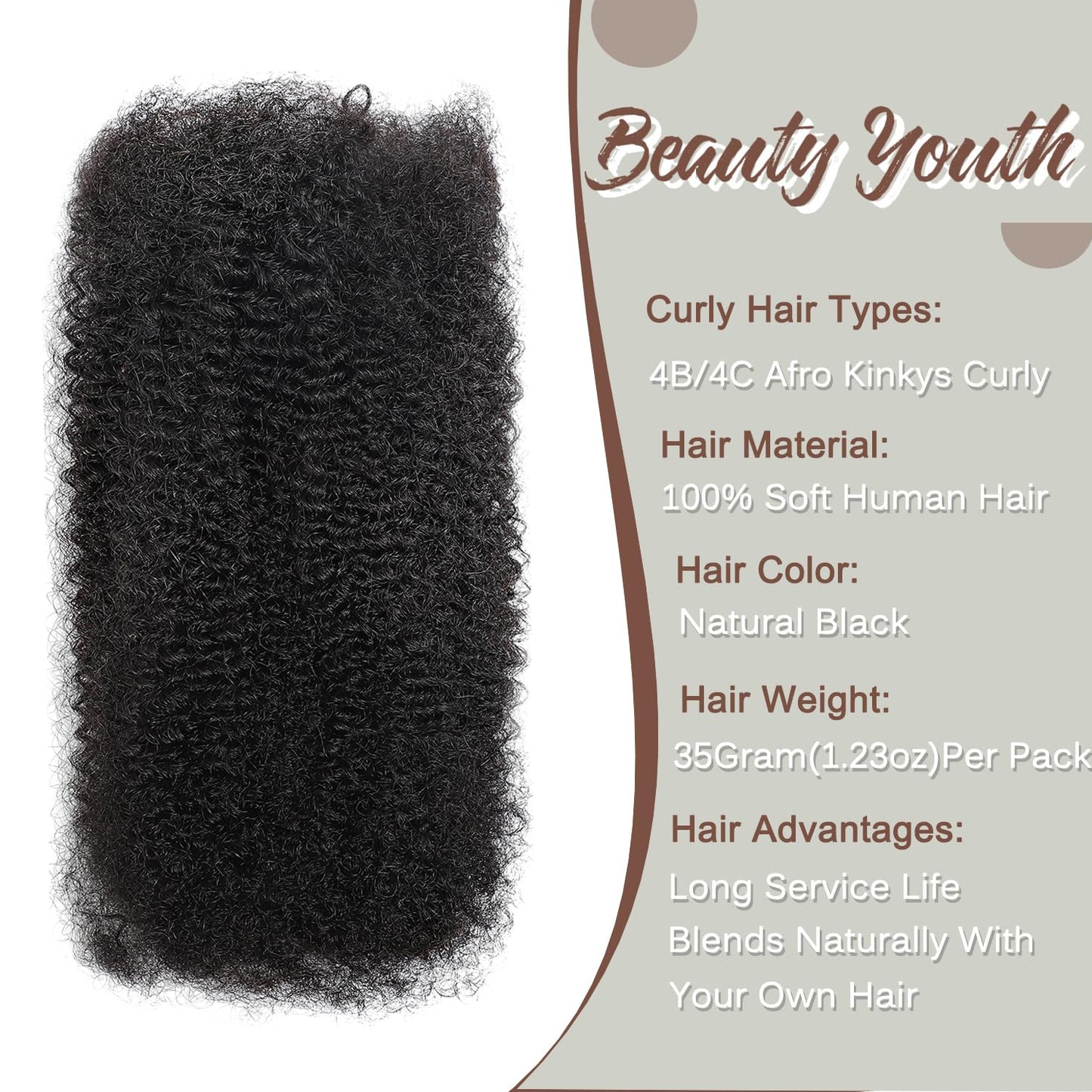 Beauty Youth Afro Kinkys Bulk Human Hair(18 Inch) 35g/Pack, Braiding Hair for Dreadlocks, Loc Repair, Twists, Dreadlock Extensions Black