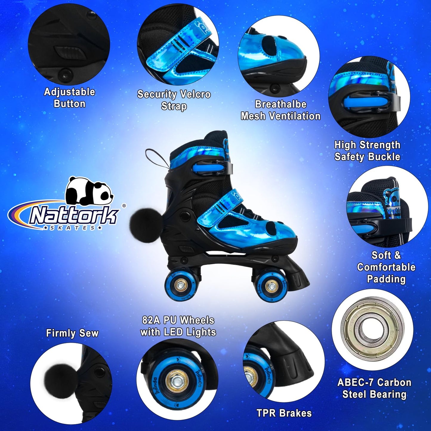 Nattork Kids Roller Skates for Girls Boys, 4 Size Adjustable Blue Panda Quad Skates with All Light up Wheels, Beginner Roller Skates - Birthday Gift for Outdoor Indoor