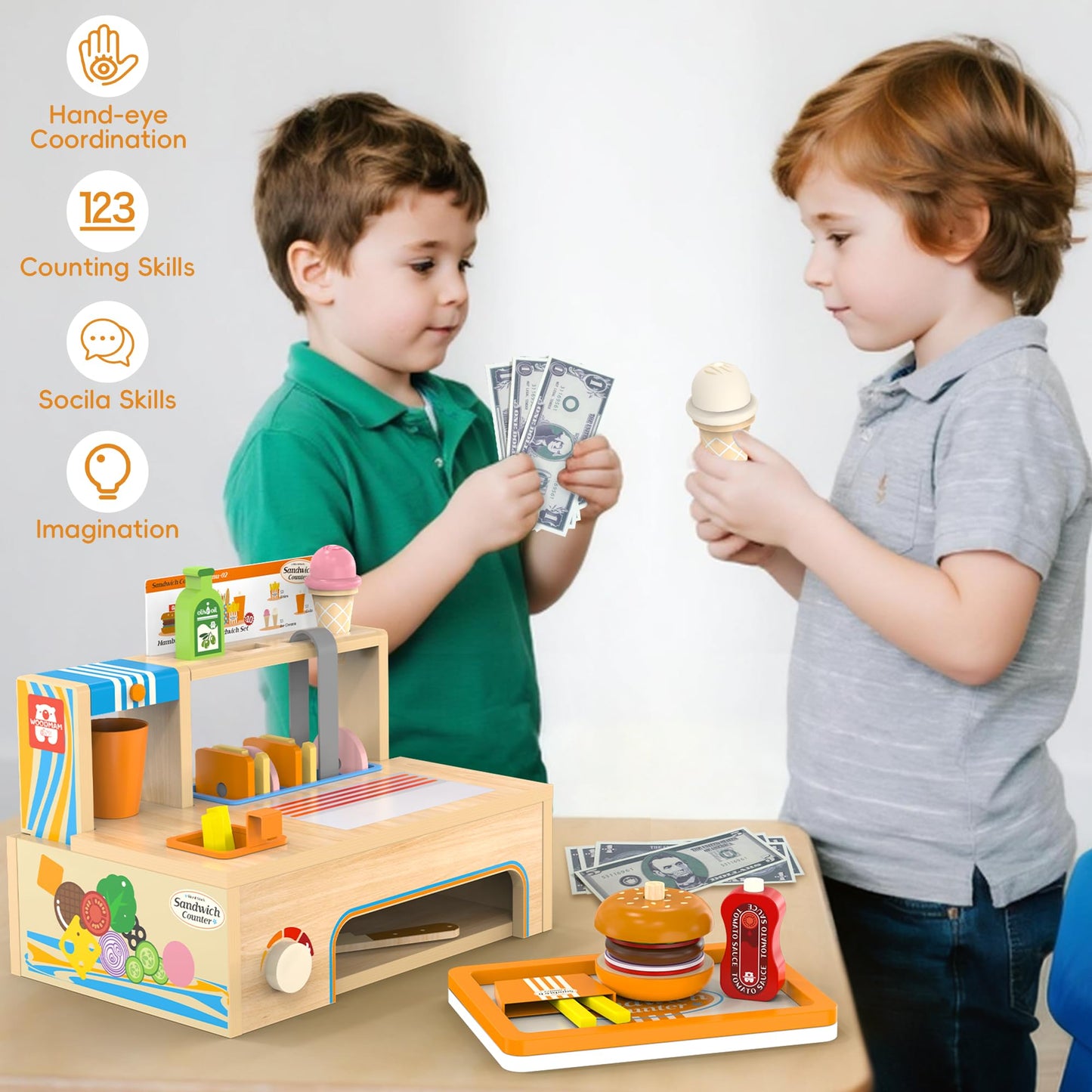 Wooden Play Food Sets Sandwich Counter, 56 Pcs Foldable Pretend Play Kitchen Food Toy with Burger, Ice Cream, Fries, Play Money & Menu, Kids Play Store Boys Girls Birthday Gift for Toddlers Ages 3+