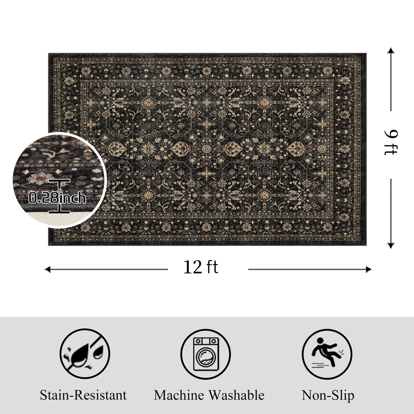 Area Rug Non Slip Machine Washable Ultra Soft Living Room/Bedroom/Kitchen/Outdoor/Classroom Black Grey, 9'×12'