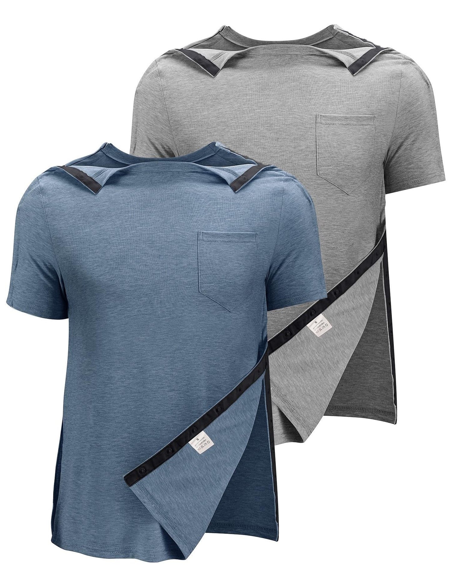 Poriff Surgery Shirts Men Arm Broken Clothes Full Snap Button Up Down Adaptive Hospital Post Operative Clothing Cancer Disabled Supplies Side Open Front Pockets Bedridden Man 2 Pack