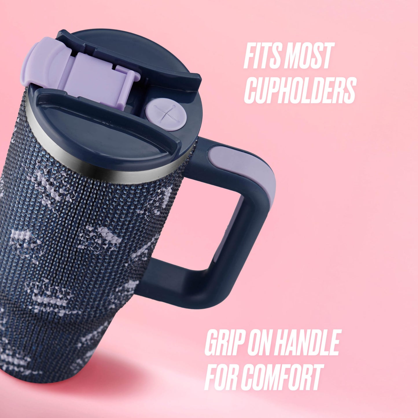 Juicy Couture Jetsetter 30oz Rhinestone Tumbler with Handle and Straw Topper, Navy Blue Crowns