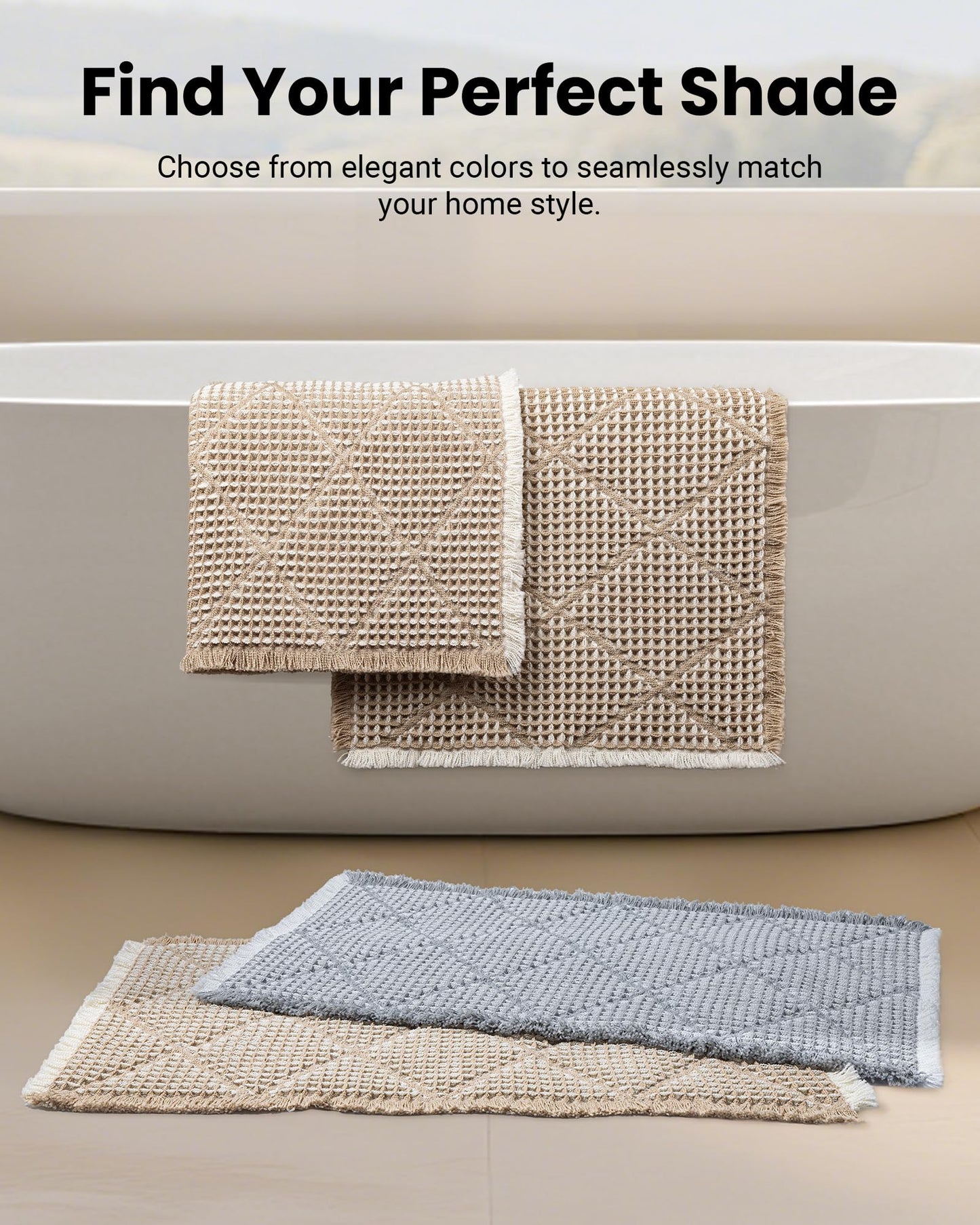 Furicher Waffle Bath Mat Set, Non Slip Bathroom Rugs Sets 2 Piece, Ultra Absorbent Long Bath Rug Runner for Bathroom Boho Chic Decor, Machine Washable Floor Mats, Brown & White, 20"×47" Plus 18"×30"